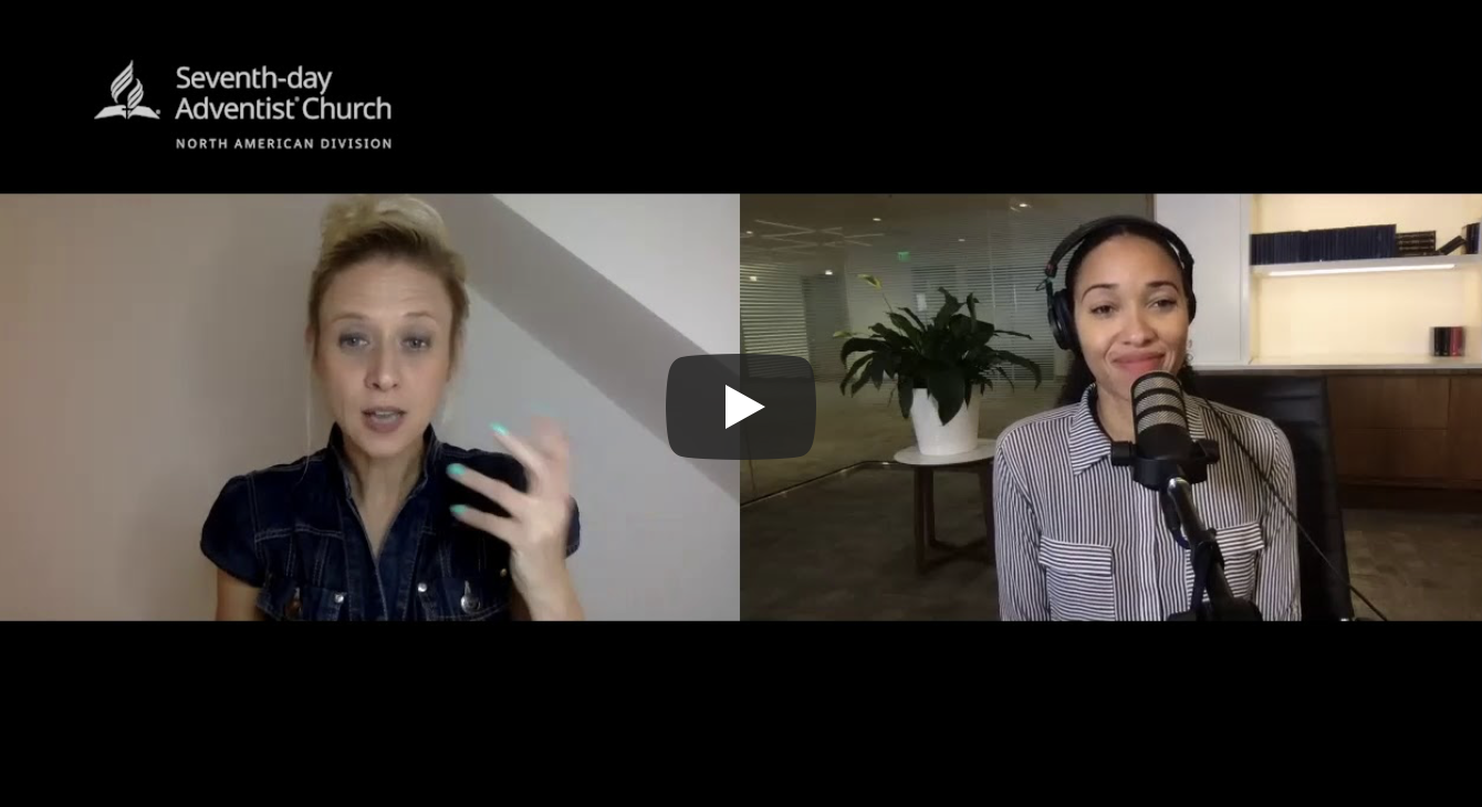 Split screen image of two women in video call. The woman on the left has blonde hair, is speaking, and gesturing with her hand. The woman on the right has dark hair, wears headphones, and is speaking into a microphone in a room with a potted plant and bookshelves.