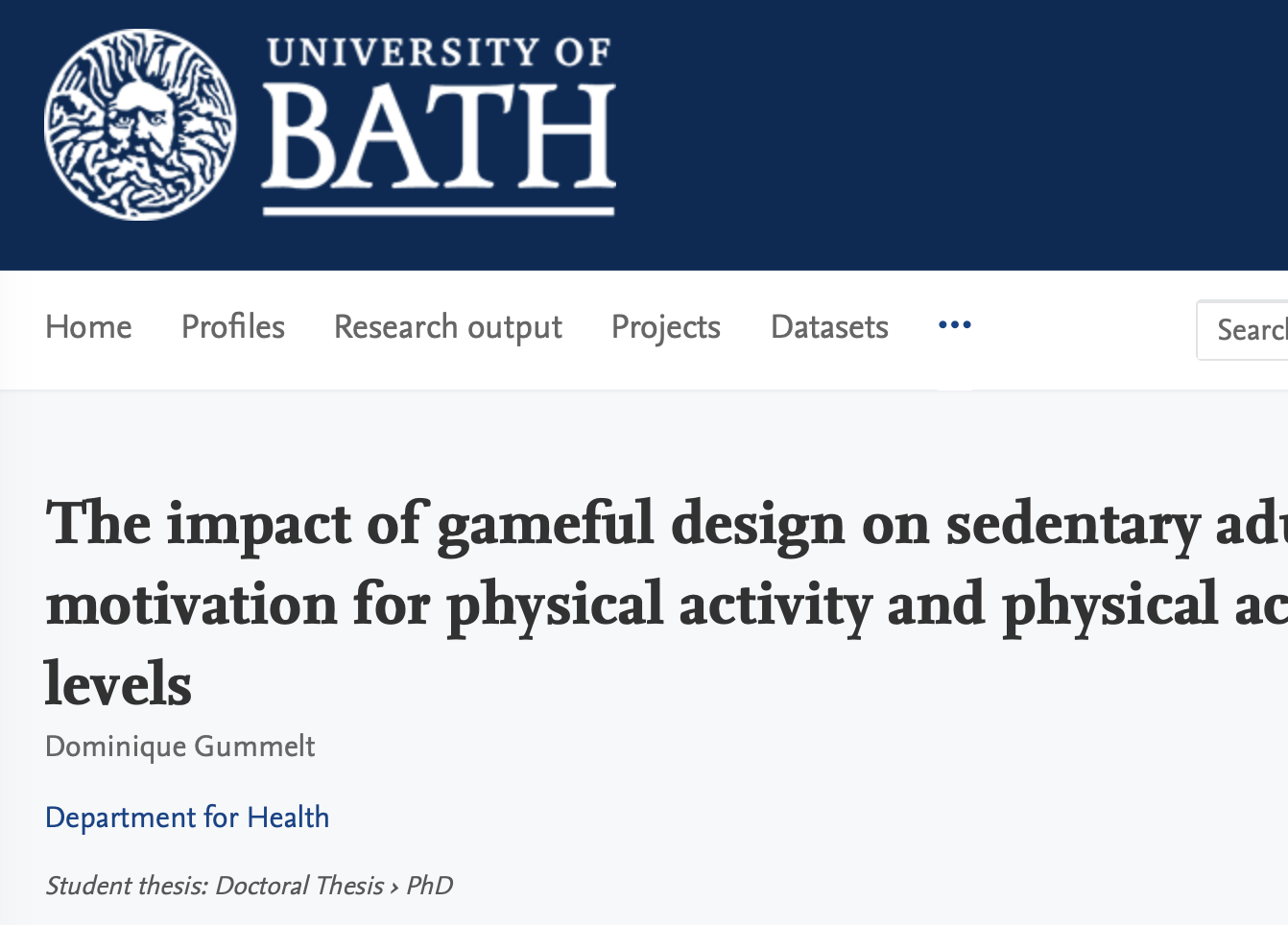 Screenshot of a university webpage from the University of Bath about research on the impact of gameful design on sedentary activity and motivation for physical activity, authored by Dominique Gummelt from the Department for Health.