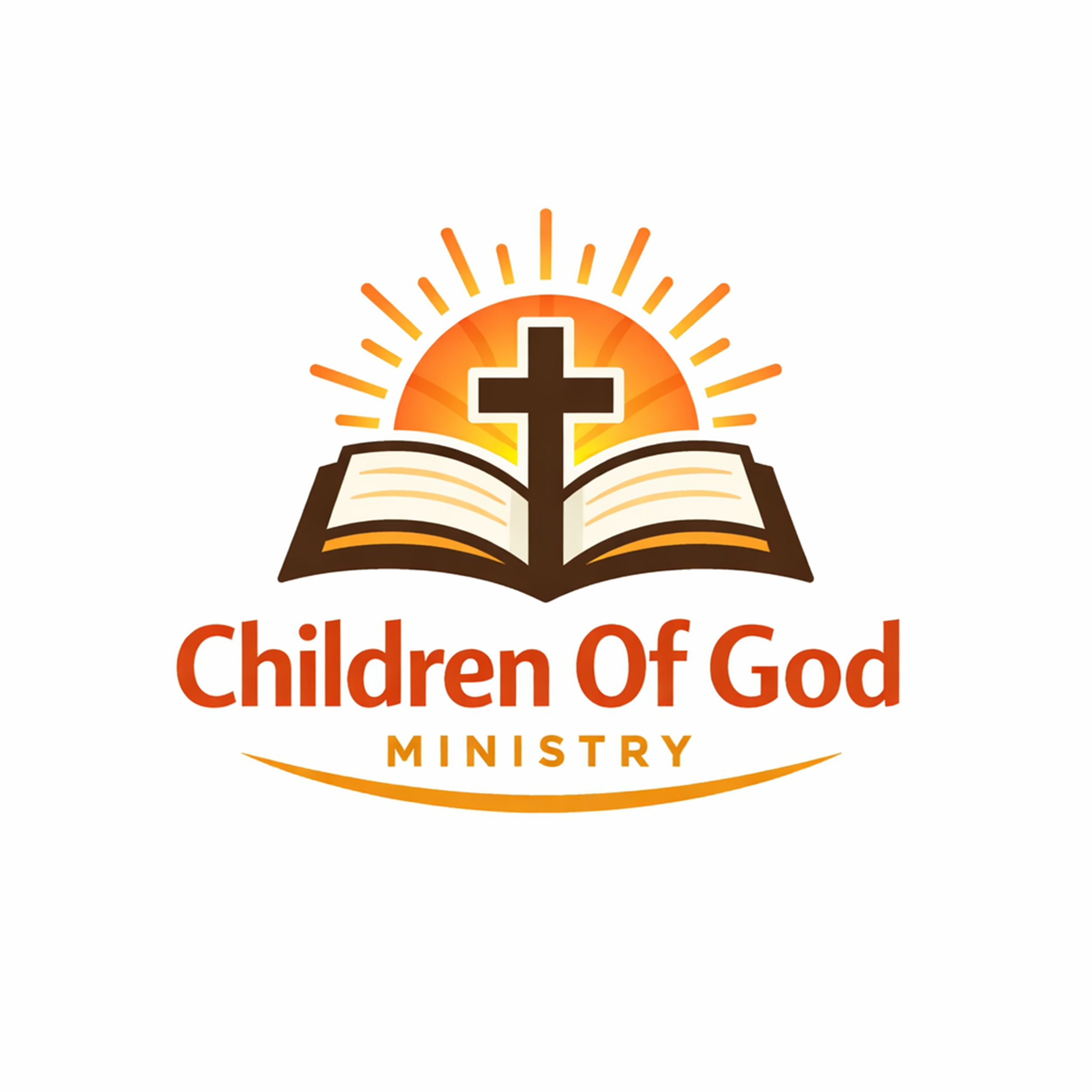 Logo of Children of God Ministry featuring an open Bible with a cross, sunburst, and orange and yellow color scheme.