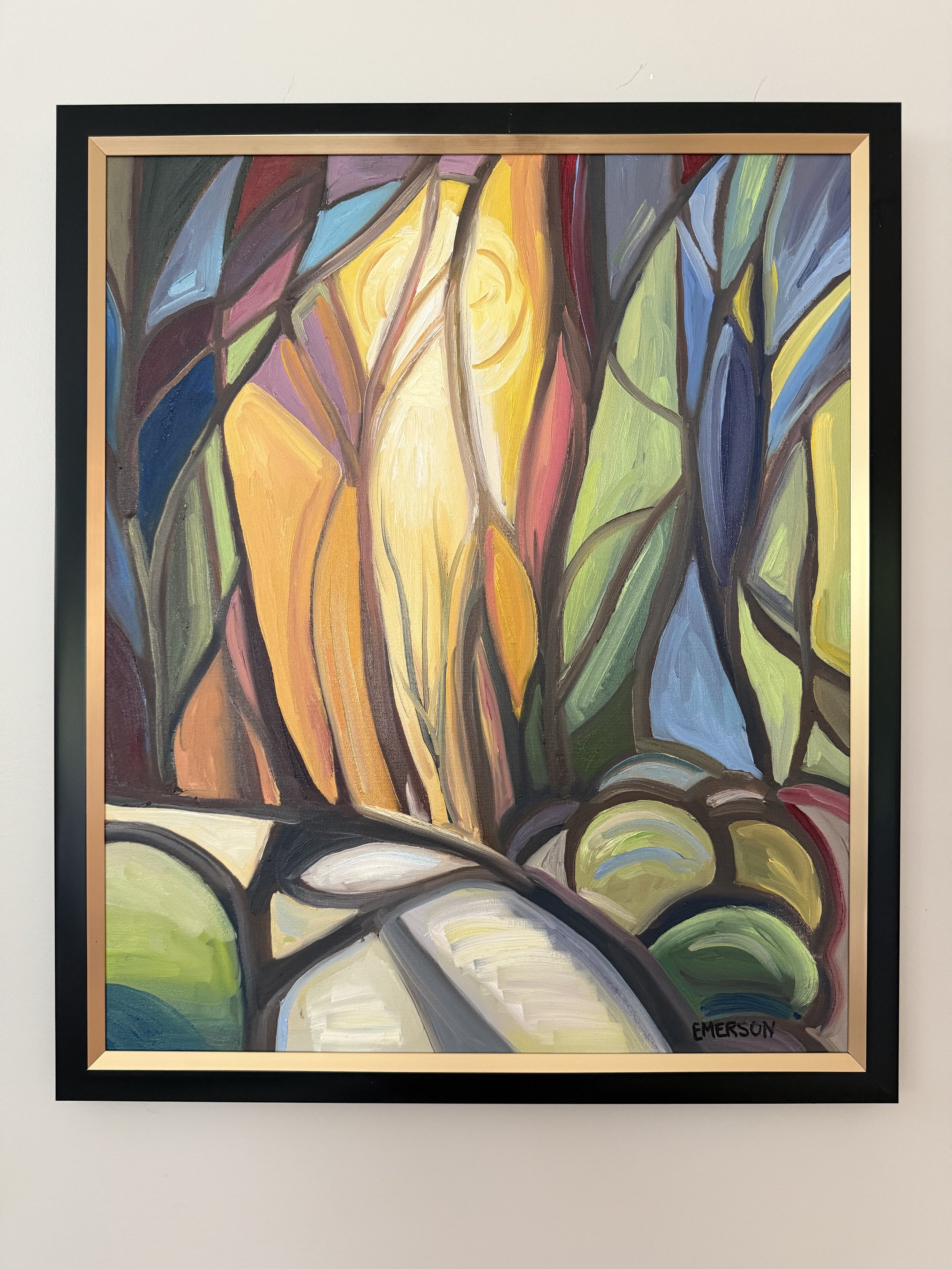 AVAILABLE, $875, "Forest Cathedral" 20x24 oil on canvas, framed, available at Red House Gallery in Black Mountain until July 12 2026