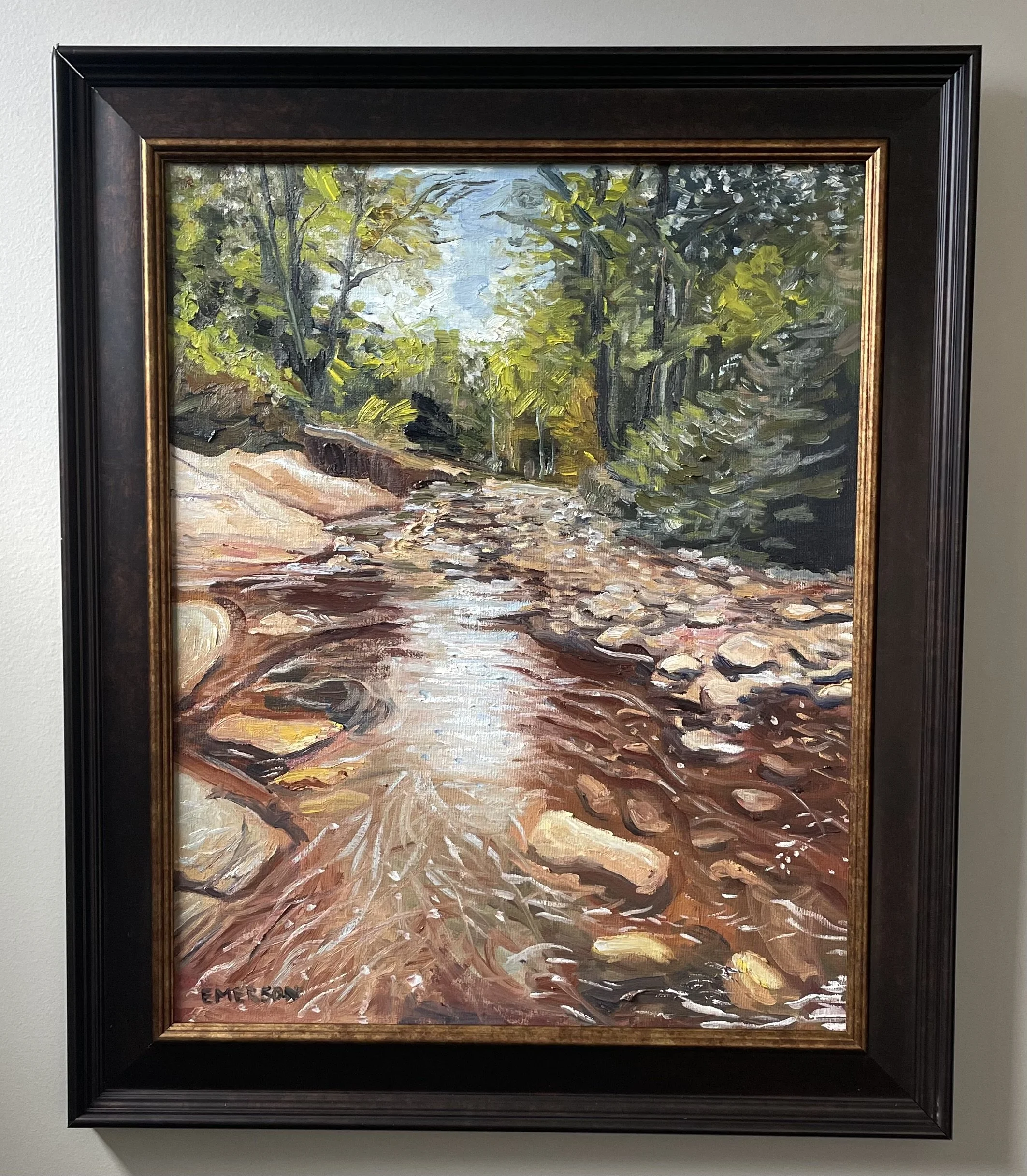 SOLD, "Trout World", 16x20 oil on panel, framed.