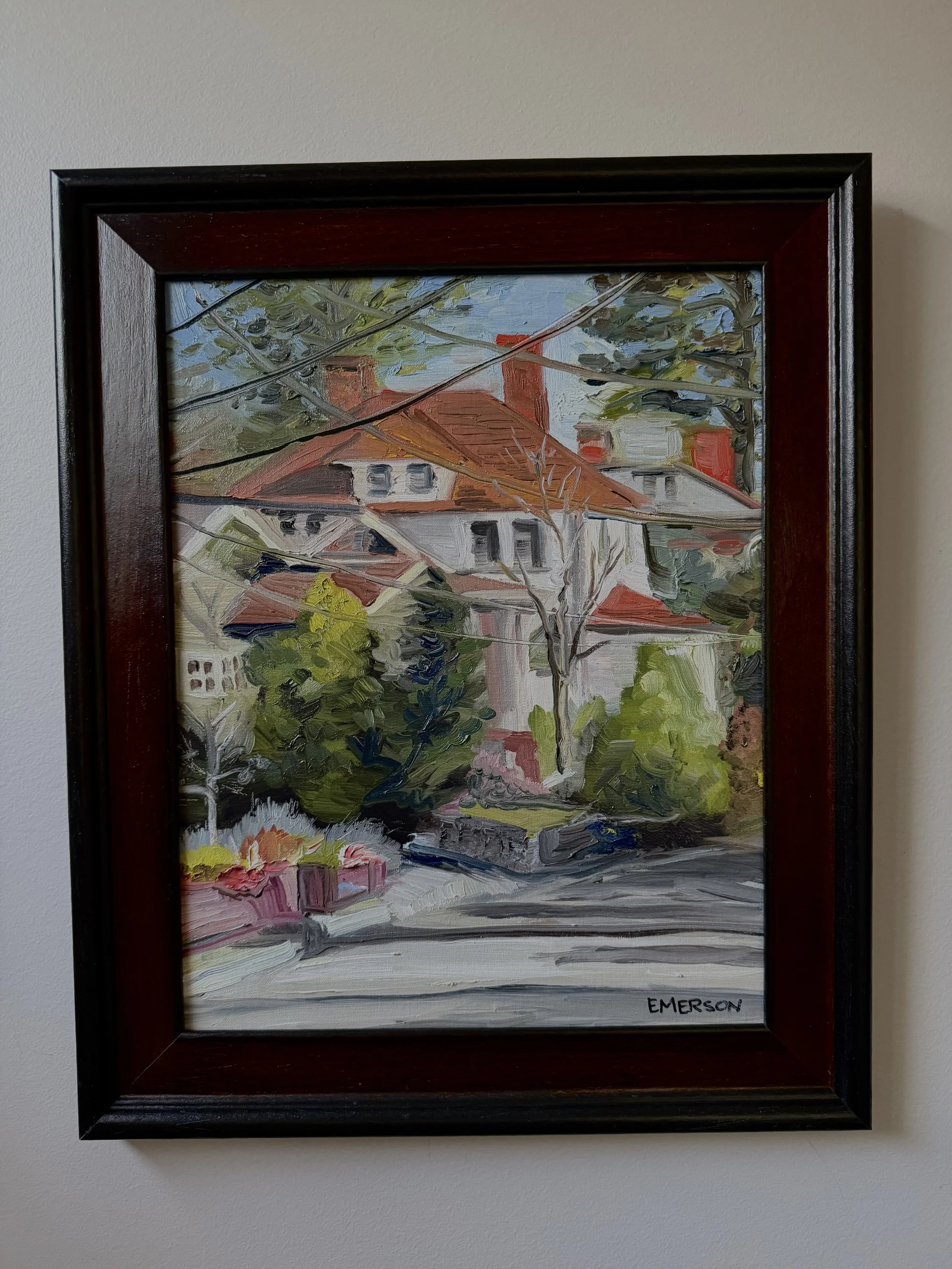 SOLD, "Roof Lines and Power Lines" 11x14 oil on panel.
