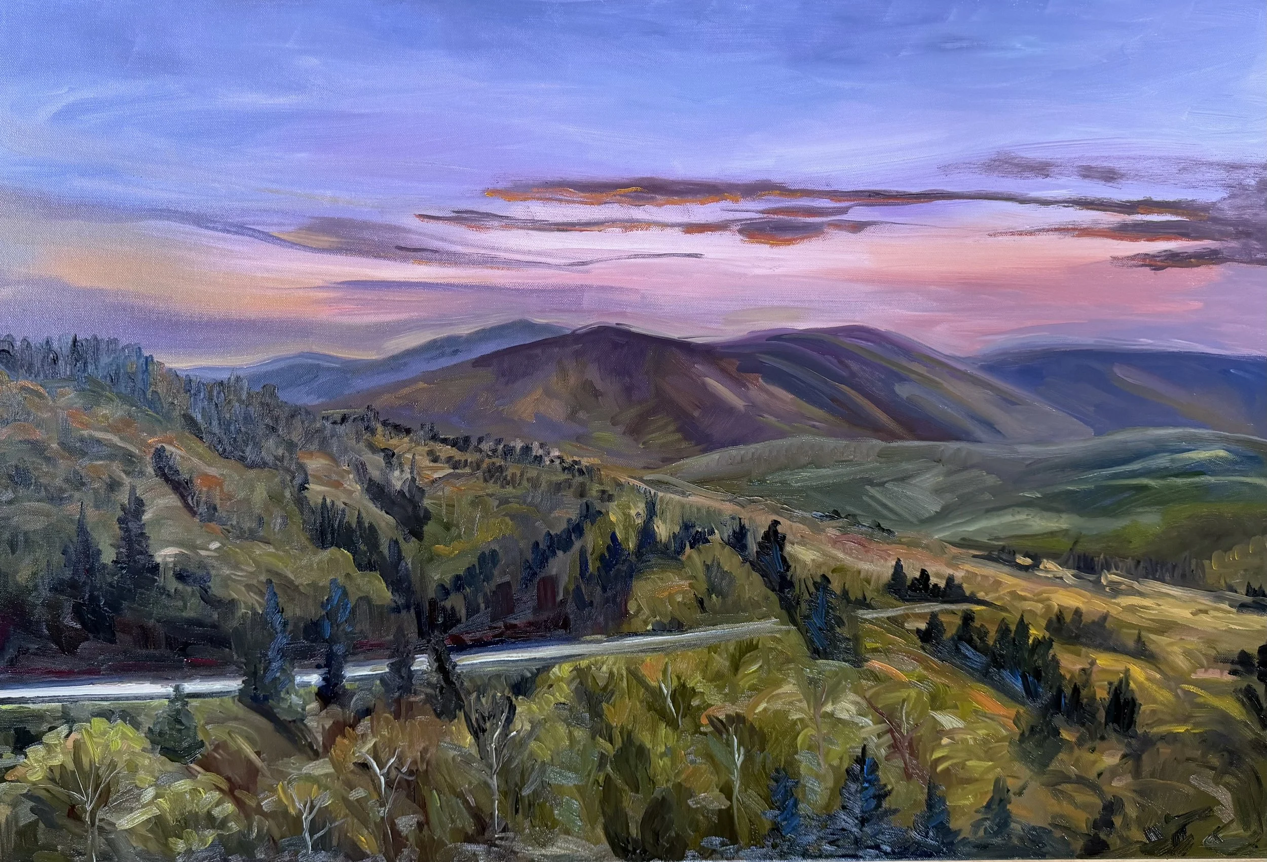 AVAILABLE, "BRP Sunset Towards the Smokies" 36x24 oil on canvas, framed, $1500