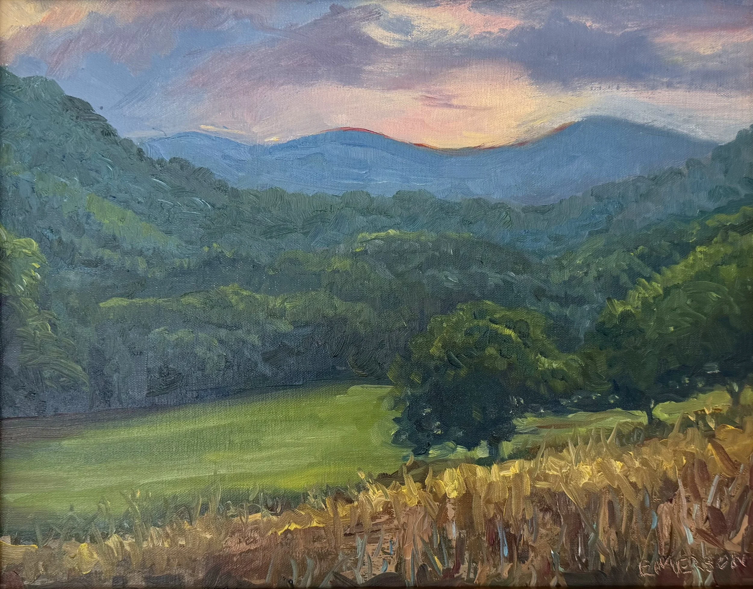 SOLD, "Blue Ridge Sunset (Weaverville)" 14x11 oil on panel, framed.