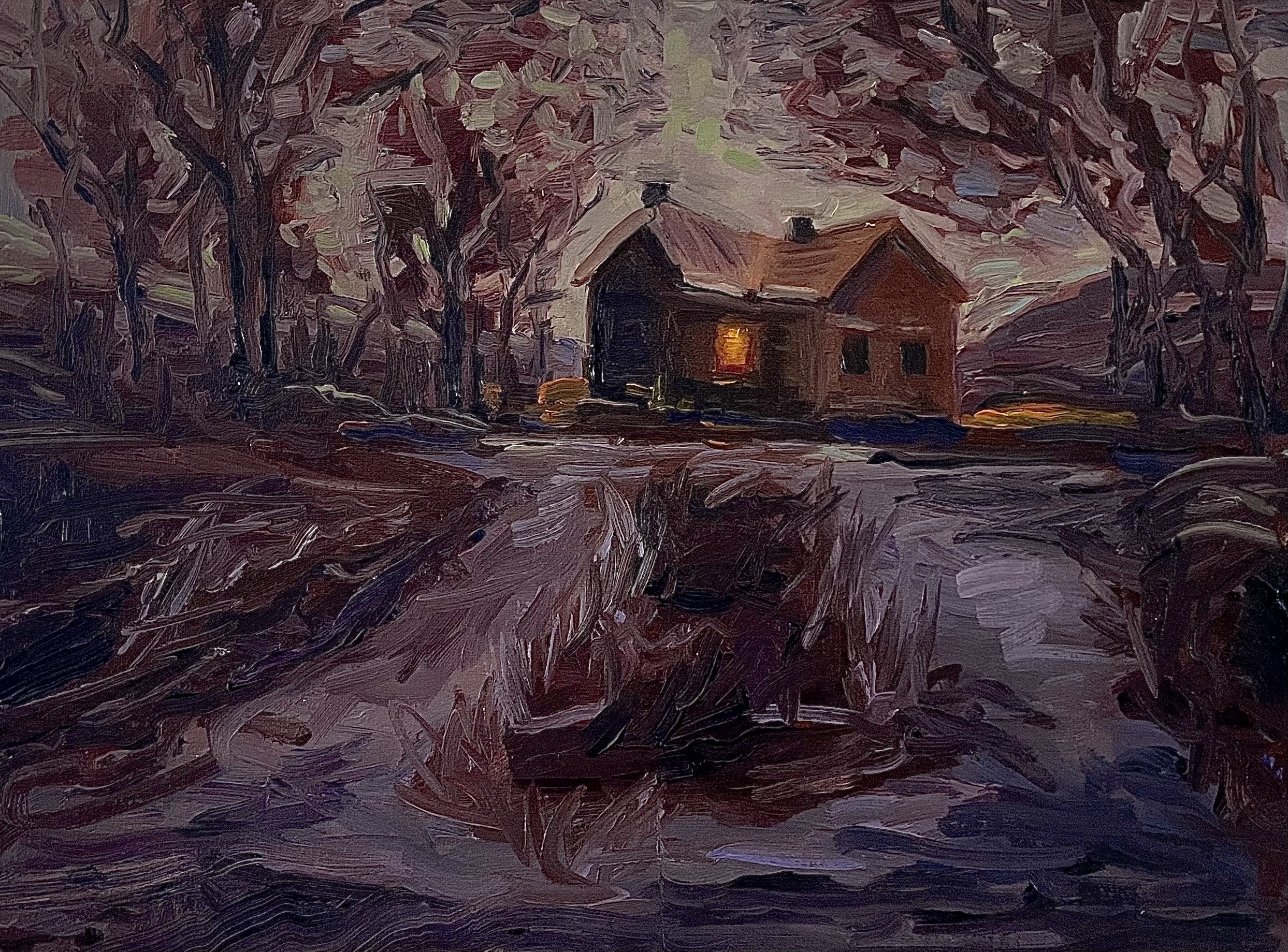 "Kyle's Virgina Cabin at Night" 16x12, oil on linen panel