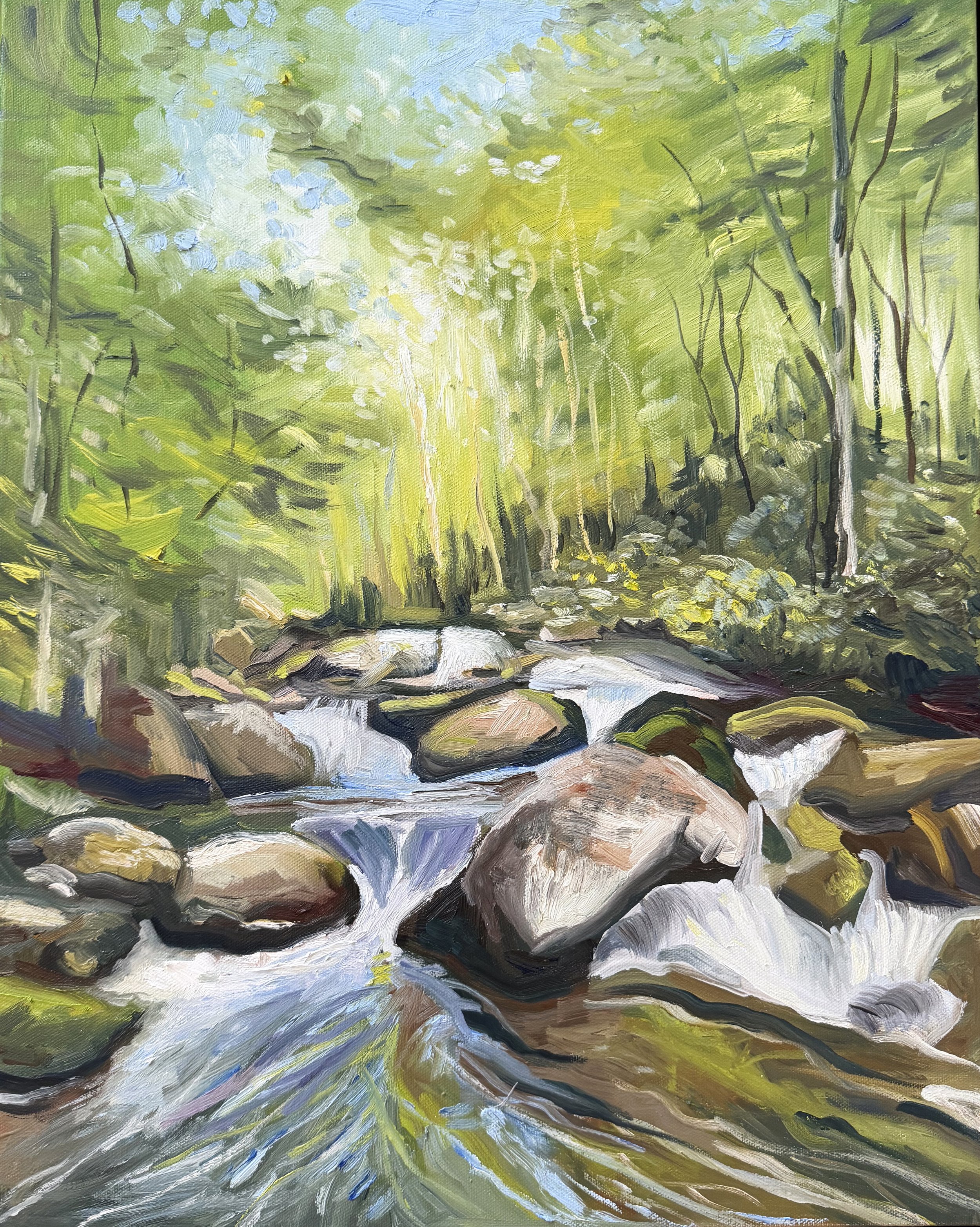 SOLD, "Robbinsville Cascade" 16x20 oil on canvas, framed, $250