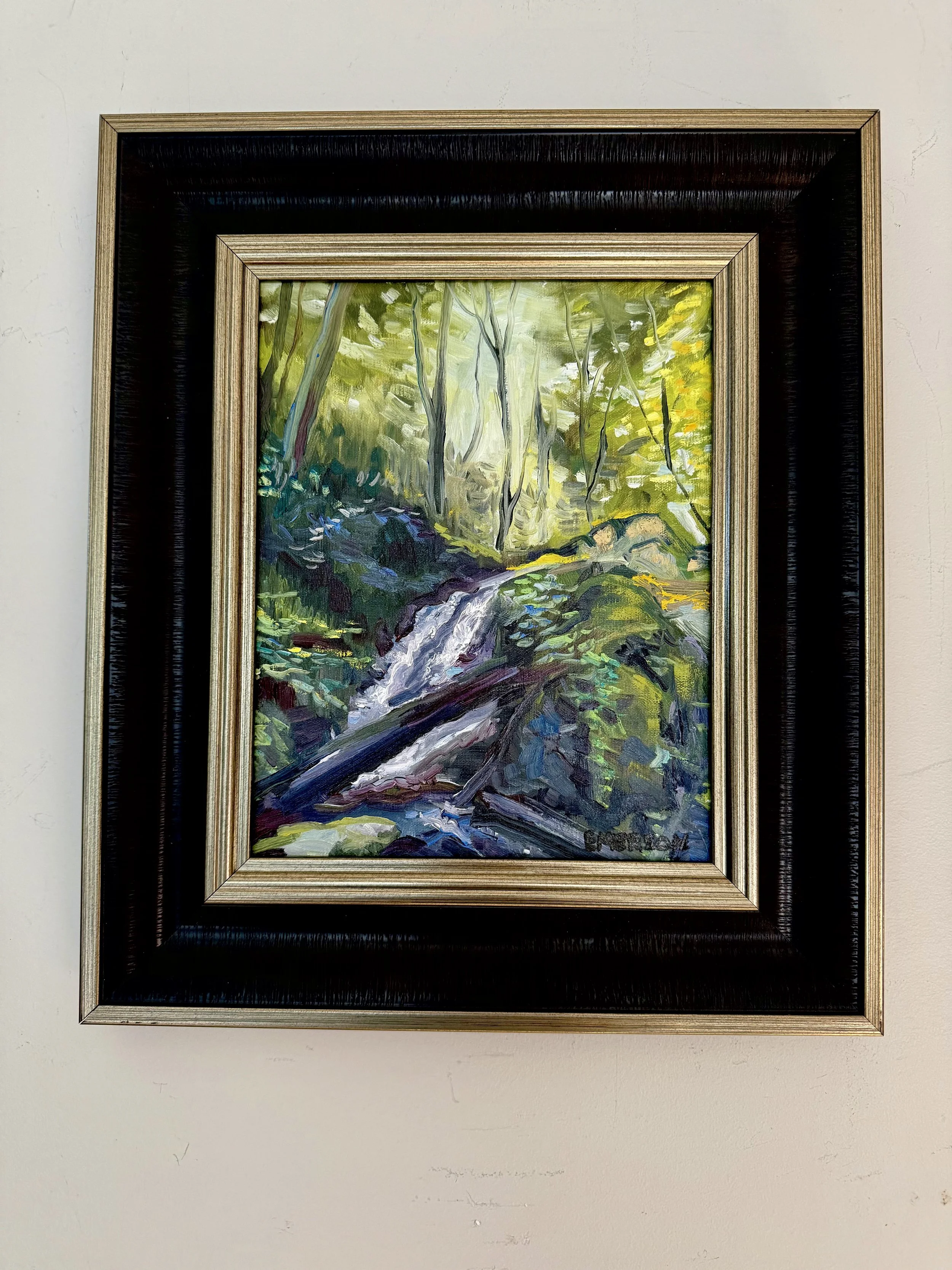 AVAILABLE, "Secret Waterfall" 8x10 oil on panel, framed, $375