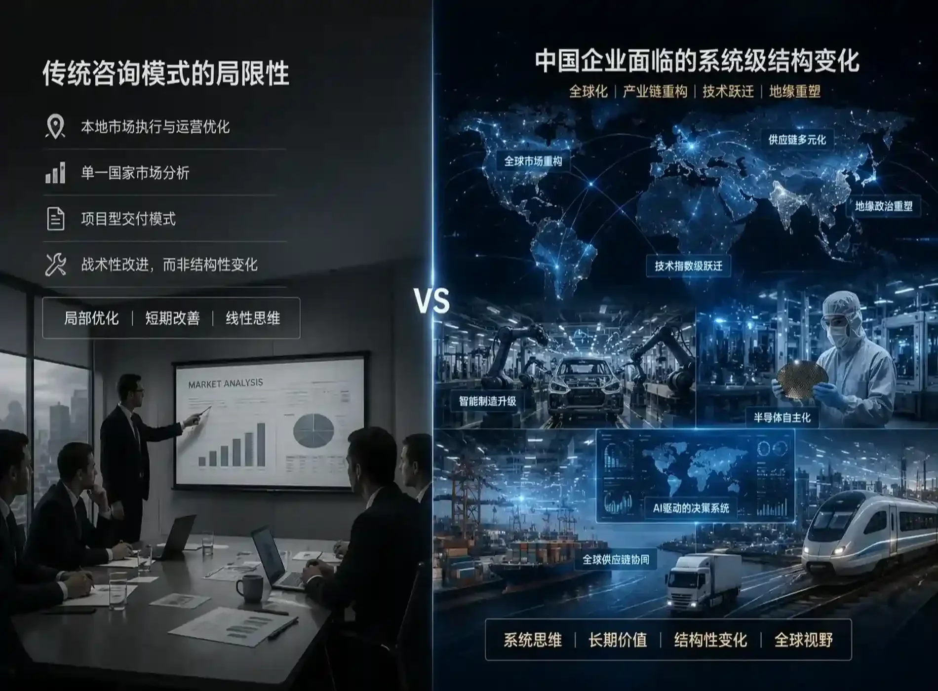 中国企业系统级产业转型、全球供应链重构与传统咨询模式局限性对比