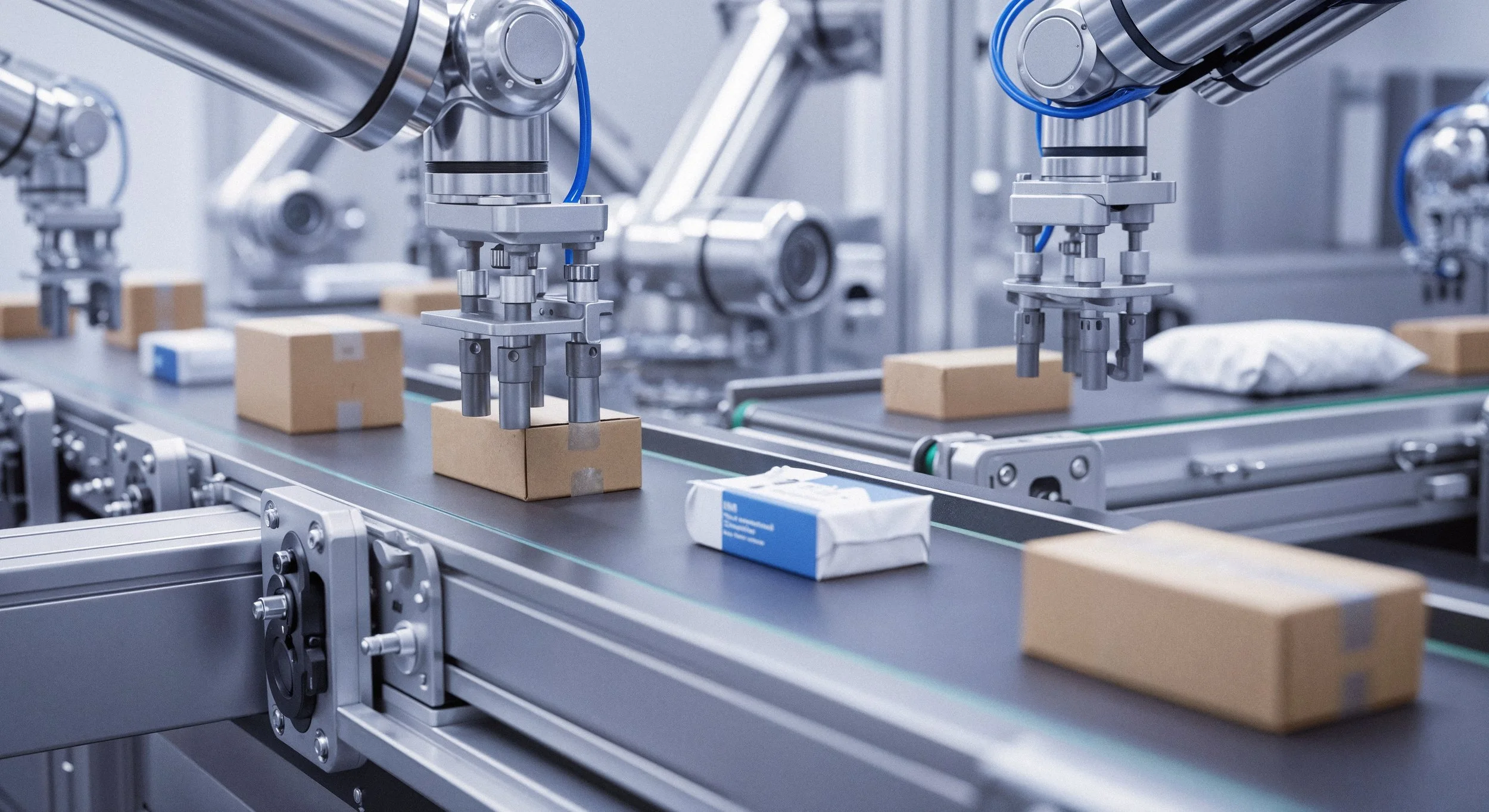 Industrial robots performing automated packaging in a factory environment for industrial goods production