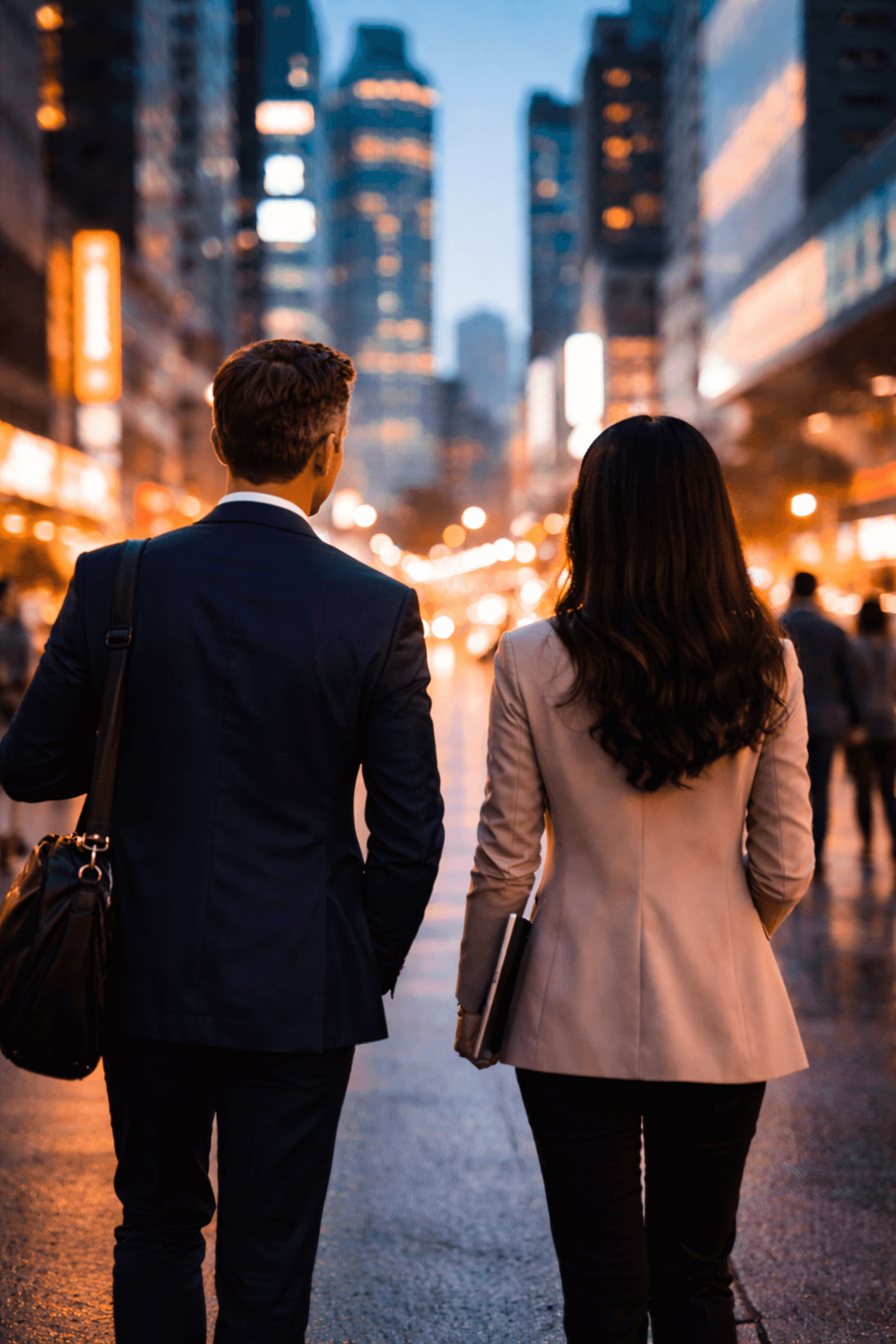 Two foreign business professionals walking in an Asian city at dusk, representing market entry, expansion, profit growth, cost reduction, and strategic transformation consulting in Korea and Asia.