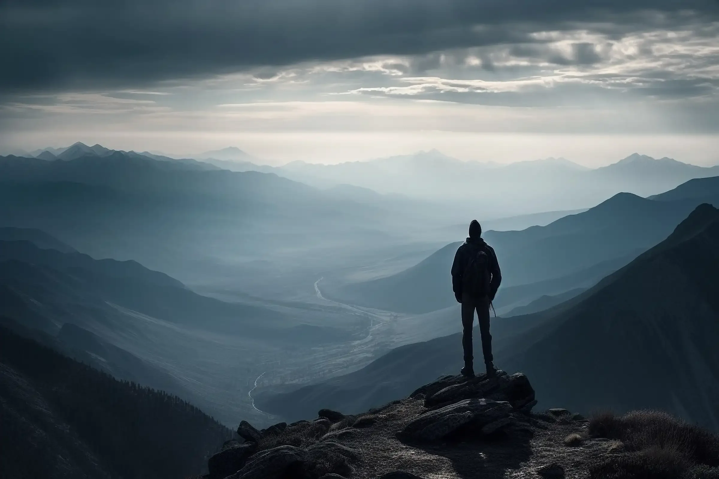 Executive climber assessing the safest route to a mountain summit, representing strategic market entry decisions before investment in Korea and Asia.