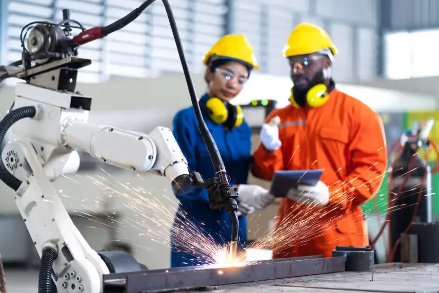 Two workers wearing yellow safety helmets, safety glasses, and ear protection operate a robotic welding arm in an industrial setting, with sparks flying from the welding process.