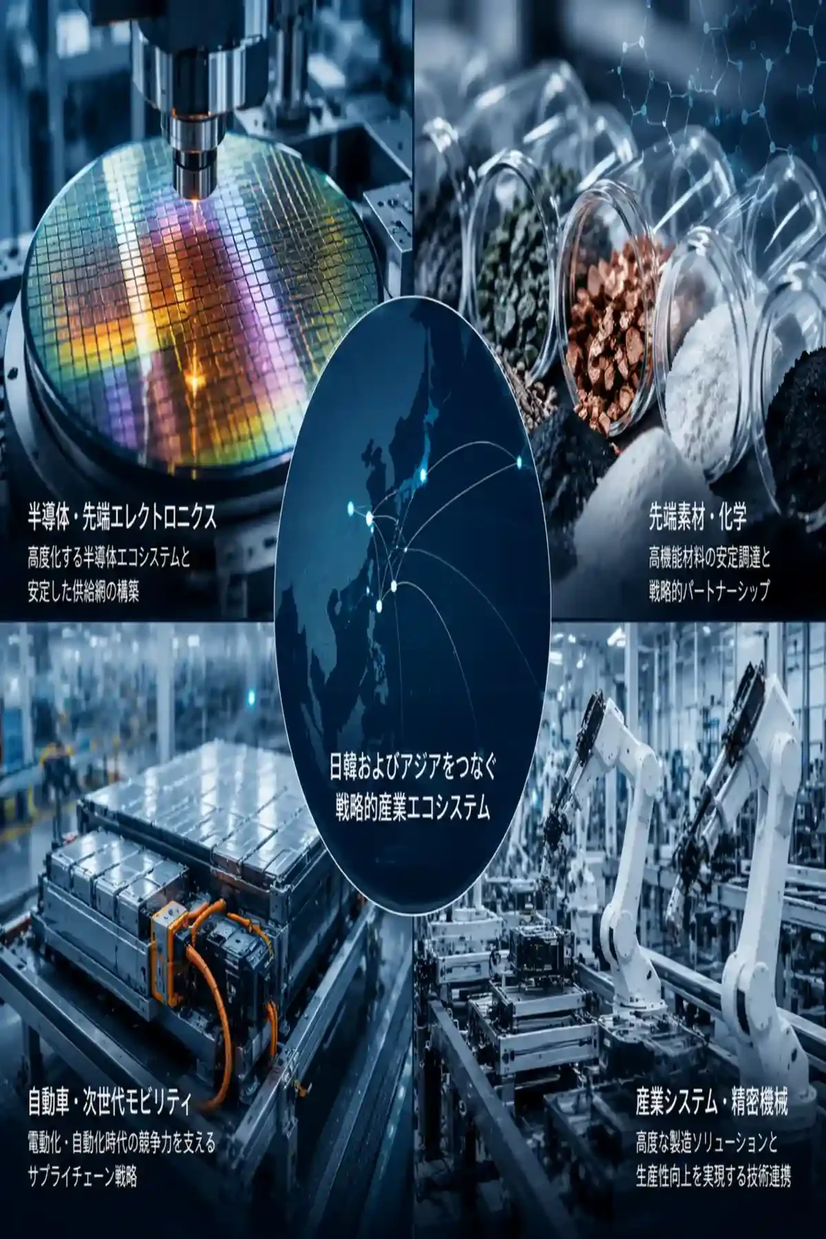 半導体、先端素材、EVバッテリー、産業ロボティクスを含むアジアの先端産業エコシステム。日本企業のサプライチェーン多様化と経済安全保障戦略を支える重要分野。