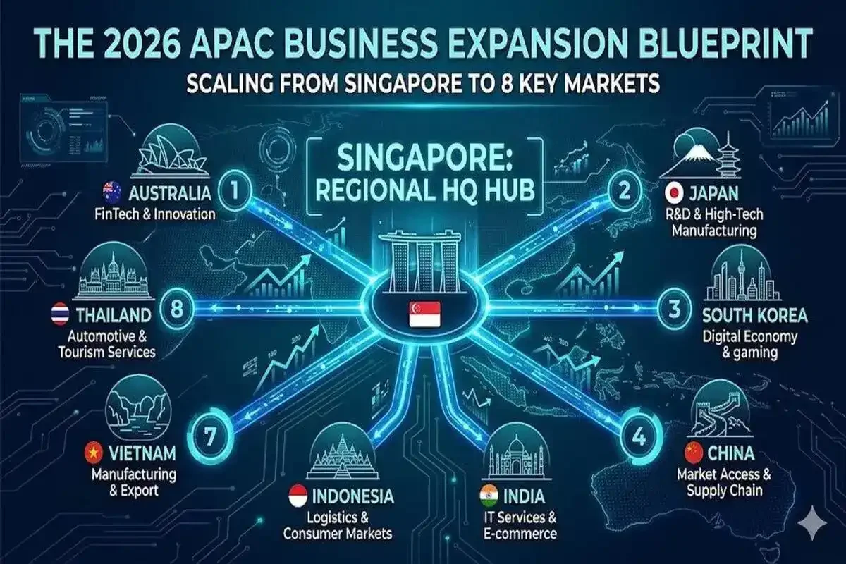 Diagram of the 2026 APAC business expansion blueprint highlighting Singapore as a regional headquarters and key markets including Australia for FinTech and Innovation, Japan for R&D and high-tech manufacturing, South Korea for digital economy and gaming, China for market access and supply chain, India for IT services and e-commerce, Indonesia for logistics and consumer markets, Vietnam for manufacturing and export, and Thailand for automotive and tourism services.