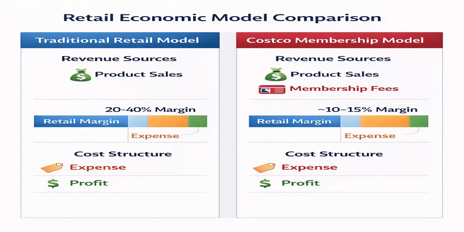 Comparison of traditional retail economics versus Costco’s membership-driven business model.