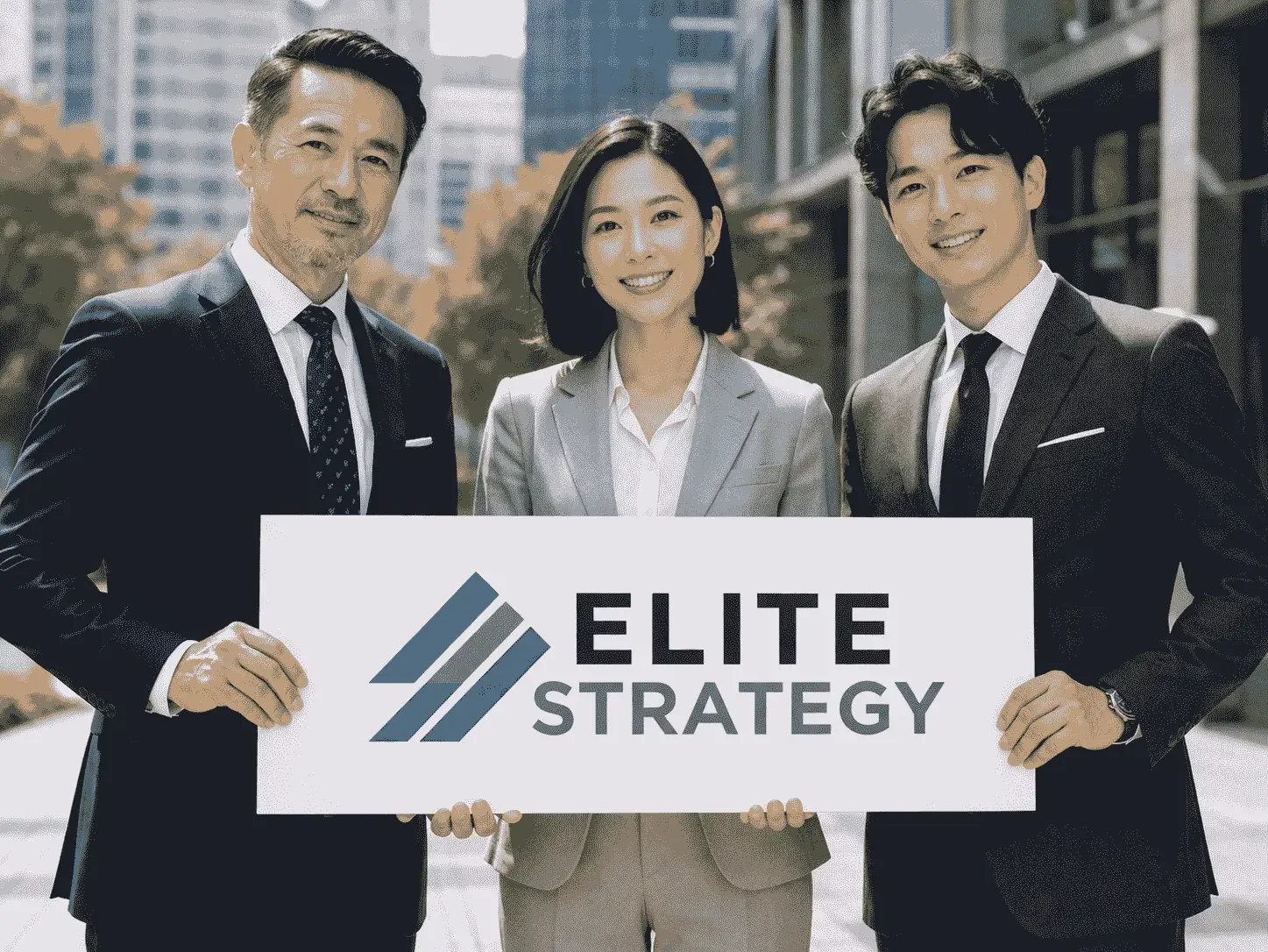 Three business professionals, two men and one woman, standing outdoors in an urban area, holding a sign that reads 'Elite Strategy' with a blue and gray logo, smiling at the camera.
