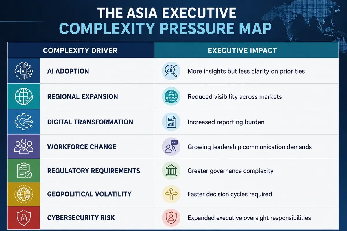 Asia Executive Complexity Pressure Map illustrating key leadership challenges including AI adoption, regional expansion, digital transformation, workforce change, regulatory requirements, geopolitical volatility, and cybersecurity risk.