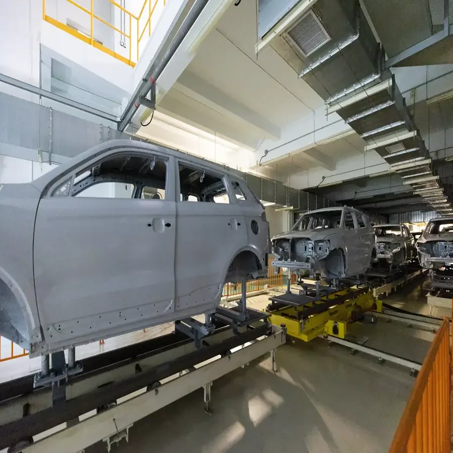 Electric vehicle production line in advanced automotive manufacturing facility
