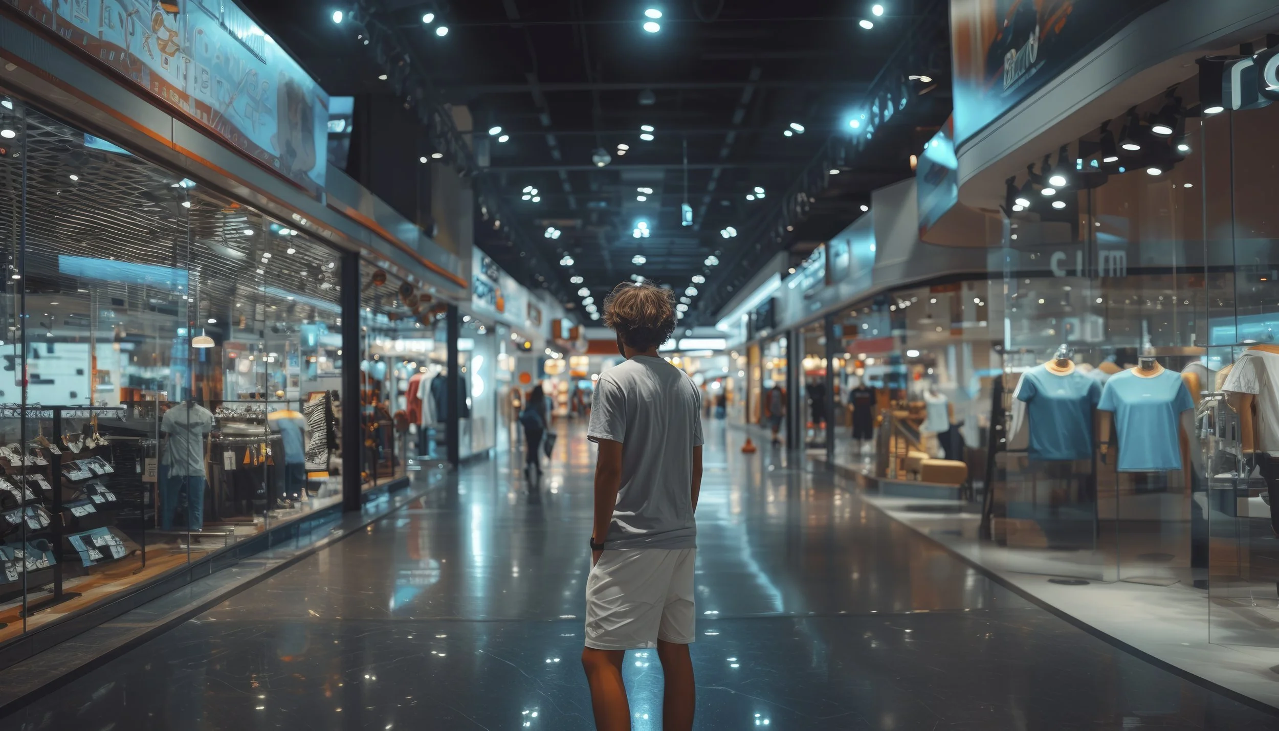 Young man standing in a shopping mall surrounded by retail stores, illustrating the retail industry environment
