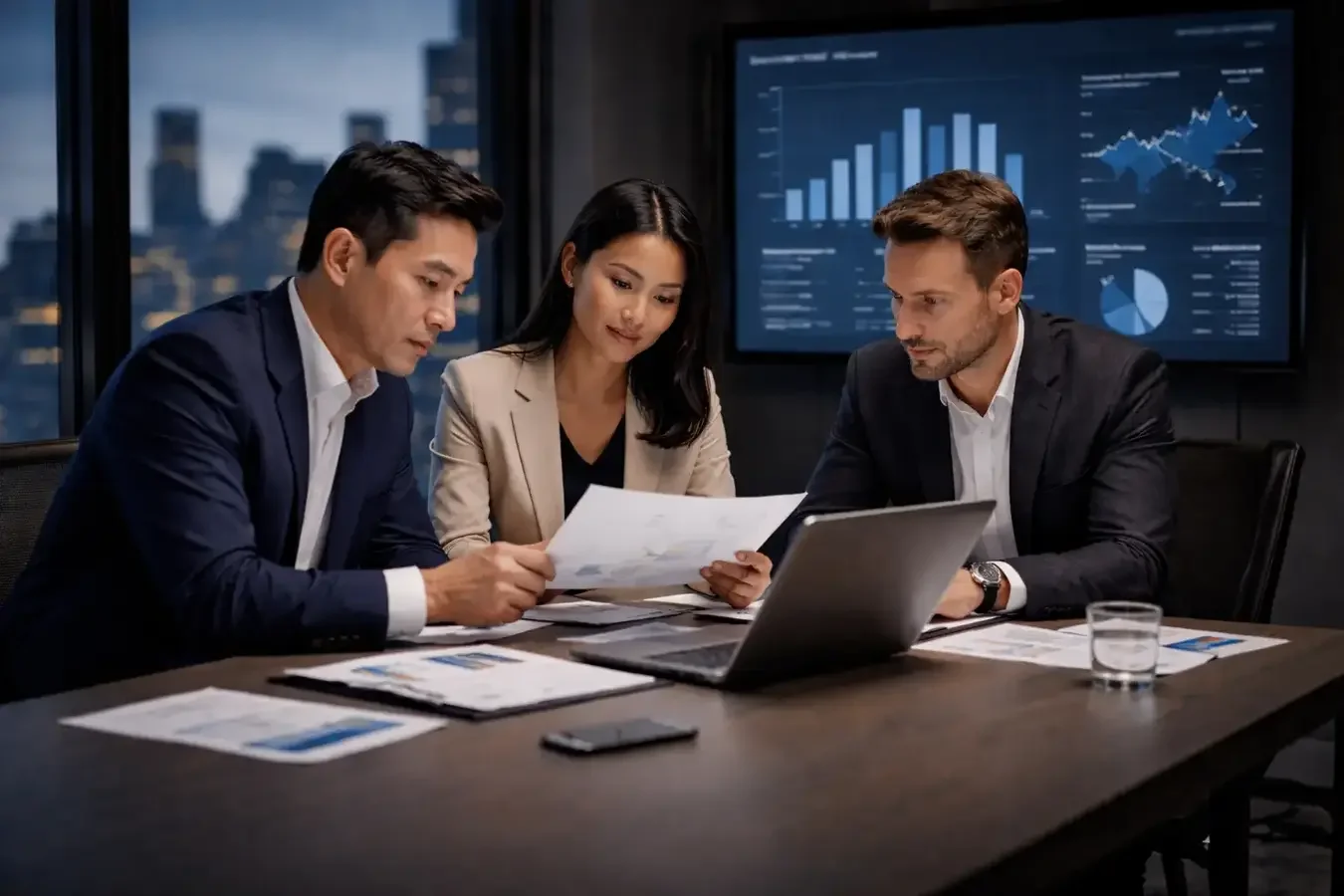 Corporate executives reviewing business documents during a strategic meeting, representing professional consultation and client engagement.