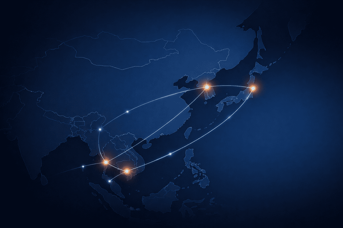 Minimalist map of Korea and Asia showing Seoul, Tokyo, Bangkok, Singapore connected by soft glowing lines, representing market entry, profit strategy, AI technologies integration, and cross-border expansion for Korean companies.