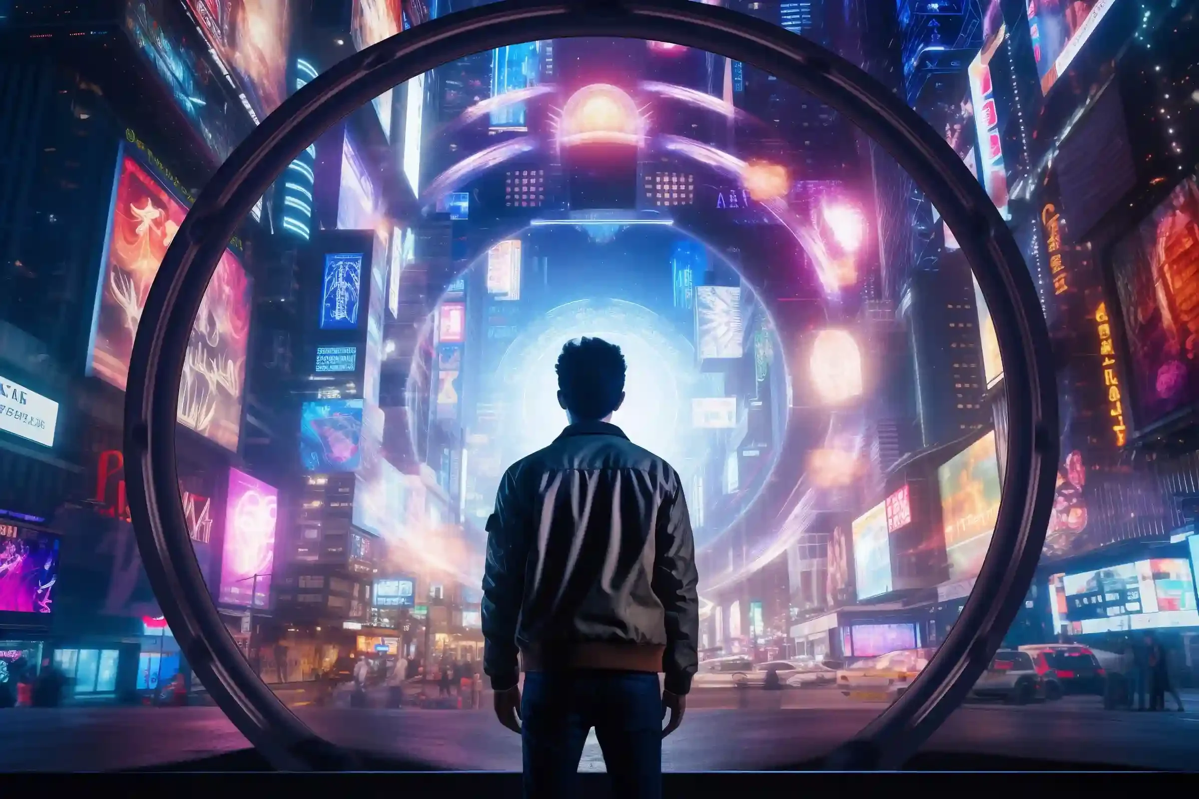 Business professional viewing a transparent digital interface in a modern environment, representing confident AI investment decisions and strategic technology adoption.