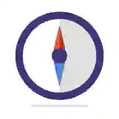 A compass with a purple border, red and blue needle, and a white background.