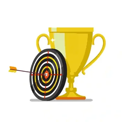 A gold trophy cup next to a target with an arrow hitting the bullseye.