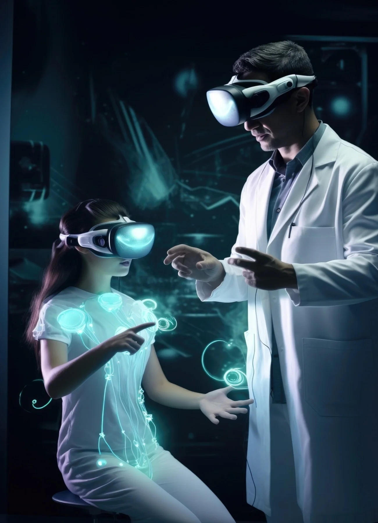 Doctor wearing AI-powered smart glasses analyzing patient data in a high-tech healthcare environment