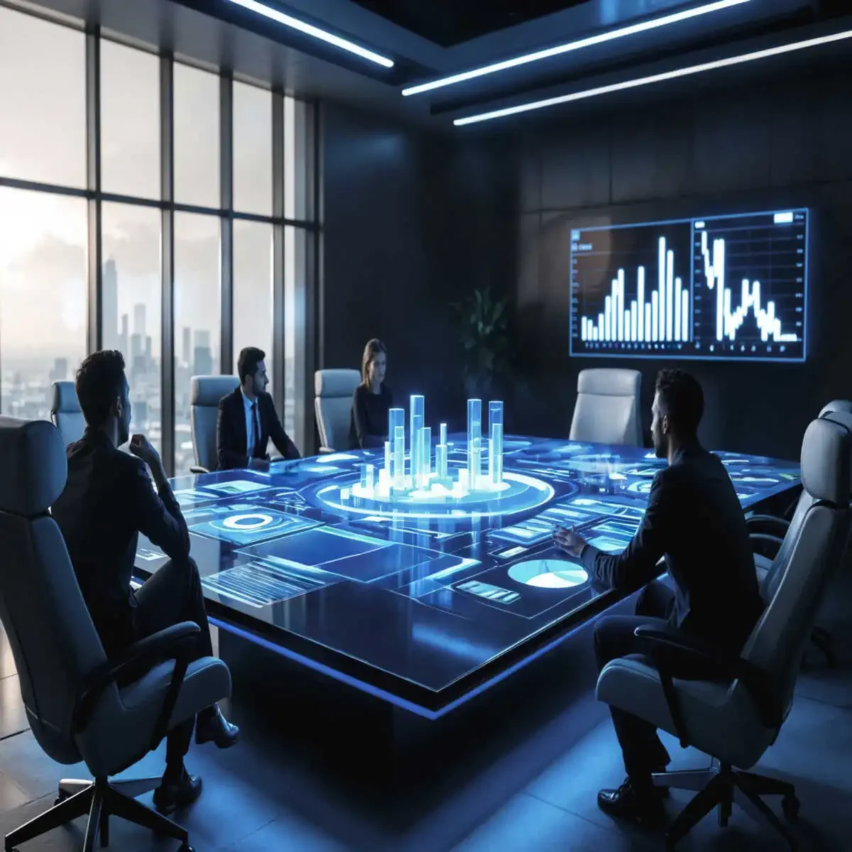 Private boardroom meeting between senior executives discussing high-stakes strategy