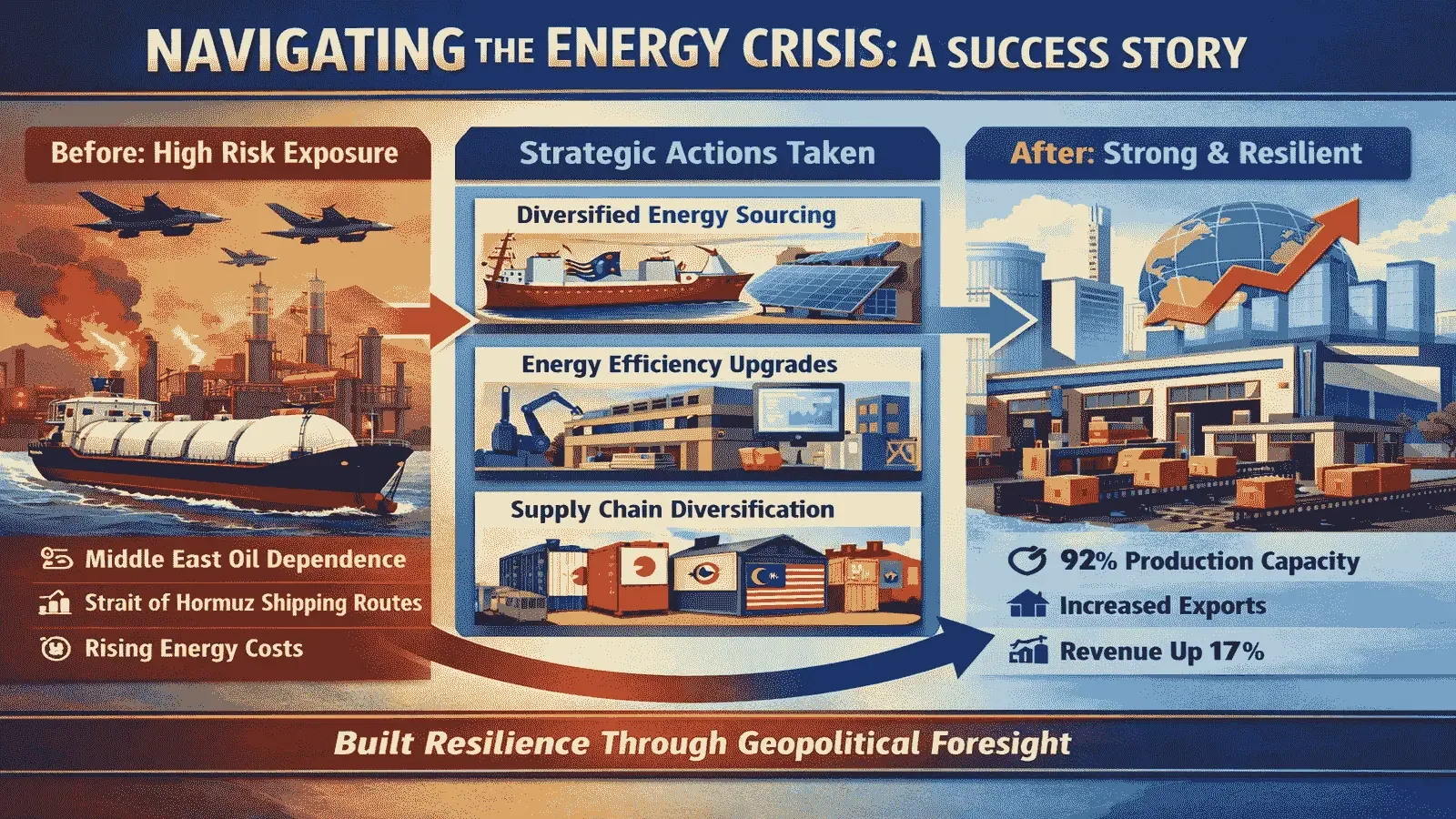 Infographic titled 'Navigating the Energy Crisis: A Success Story' showing the transition from high risk exposure due to Middle East oil dependence, shipping routes, and rising energy costs to a strong and resilient energy sector through diversified energy sourcing, energy efficiency upgrades, and supply chain diversification. Highlights include 92% production capacity, increased exports, and 17% revenue growth.