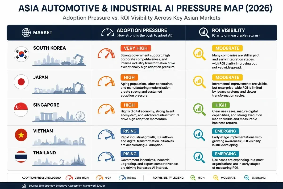 Strategic map of Asia comparing AI adoption pressure and ROI visibility across South Korea, Japan, Singapore, Vietnam, and Thailand, highlighting regional differences in AI transformation maturity within the automotive and industrial sectors.