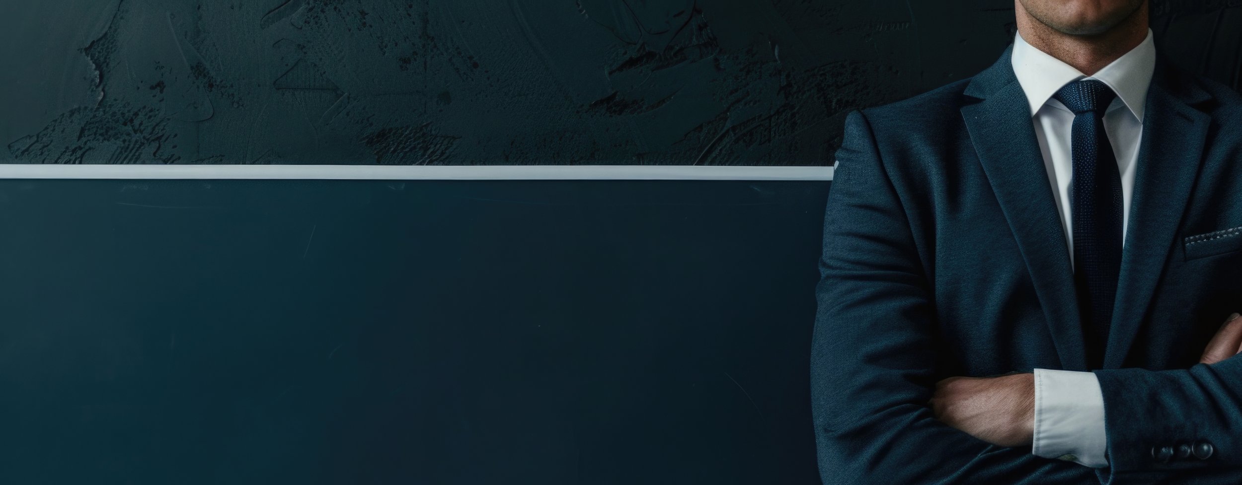 Partial view of a man in a dark blue suit with crossed arms, seated against a dark wall with a textured map or artwork.