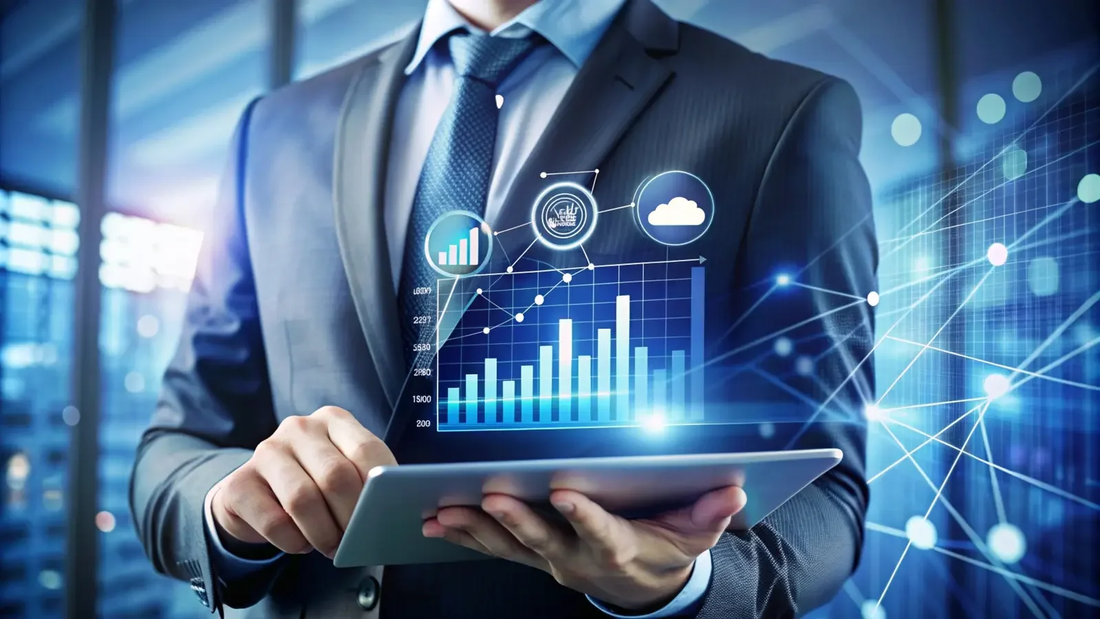 Man holding a tablet displaying financial data, illustrating fintech and digital finance technology