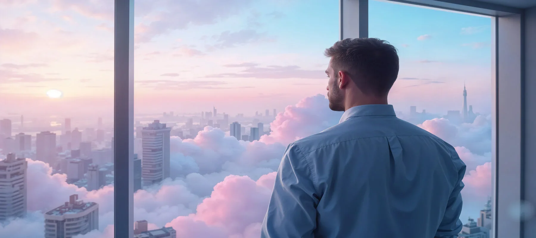A man looking out of a window at a city skyline with tall buildings and clouds during sunset.