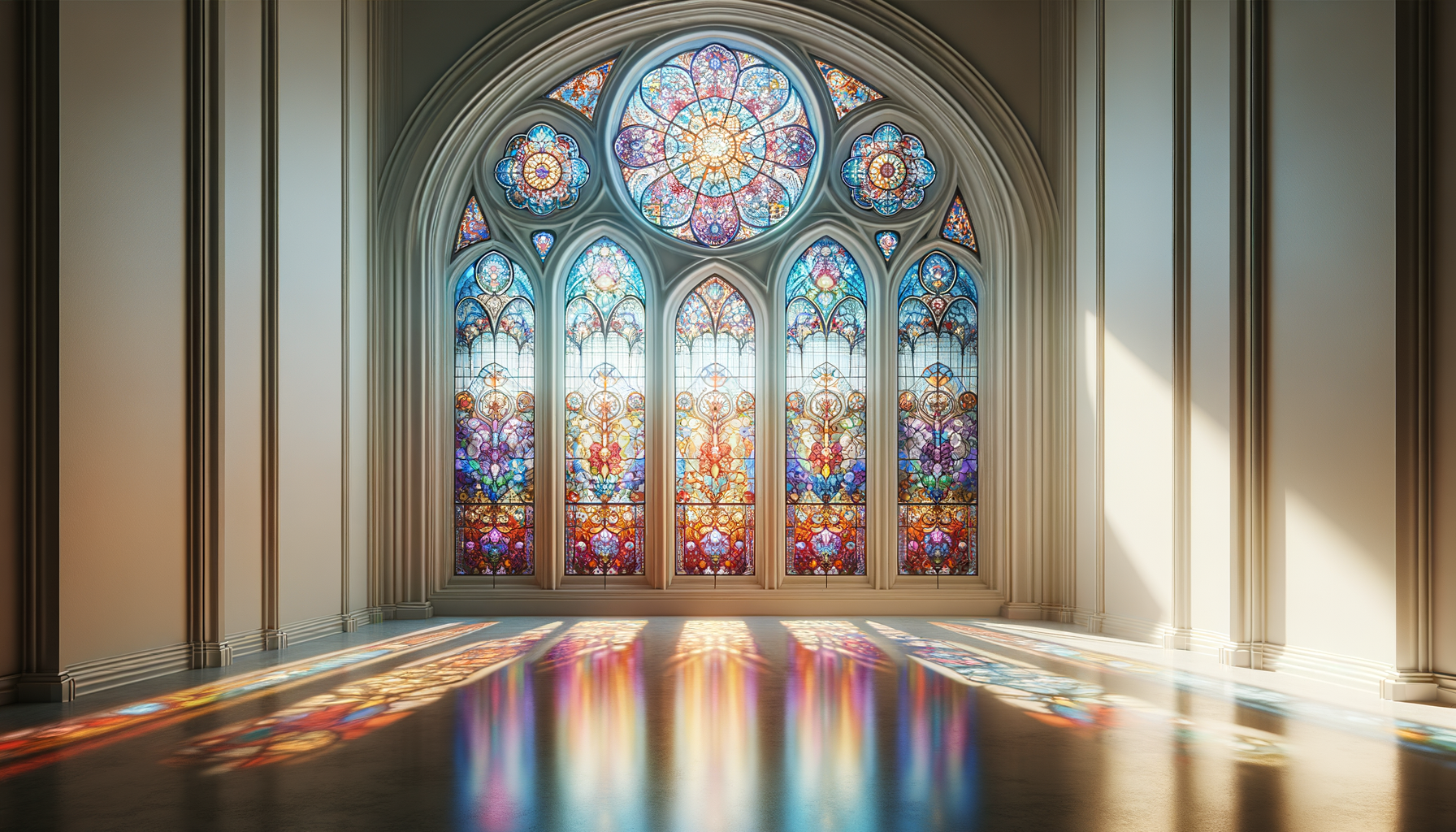 Sunlight shining through colorful stained glass windows, casting multicolored reflections on the floor of a grand, empty room.