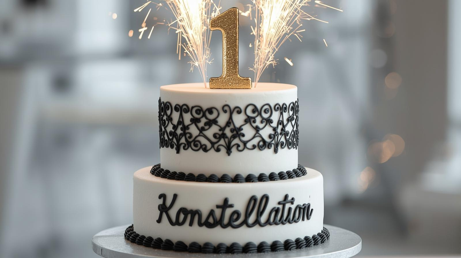 A two-tier white birthday cake decorated with black ornate piping and the word 'Konstellation' written on the bottom tier. A gold glitter number one candle with sparklers on top creates sparks.