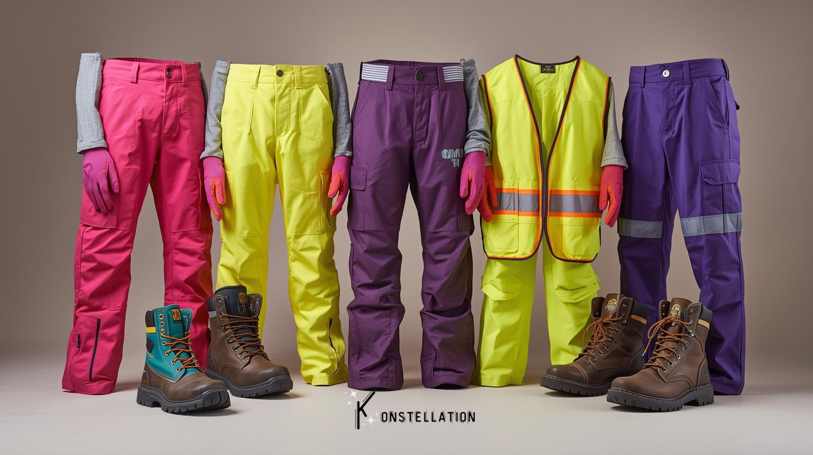 Colorful workwear and safety gear including pink, yellow, purple, and violet pants, work gloves, and boots arranged in a row, with