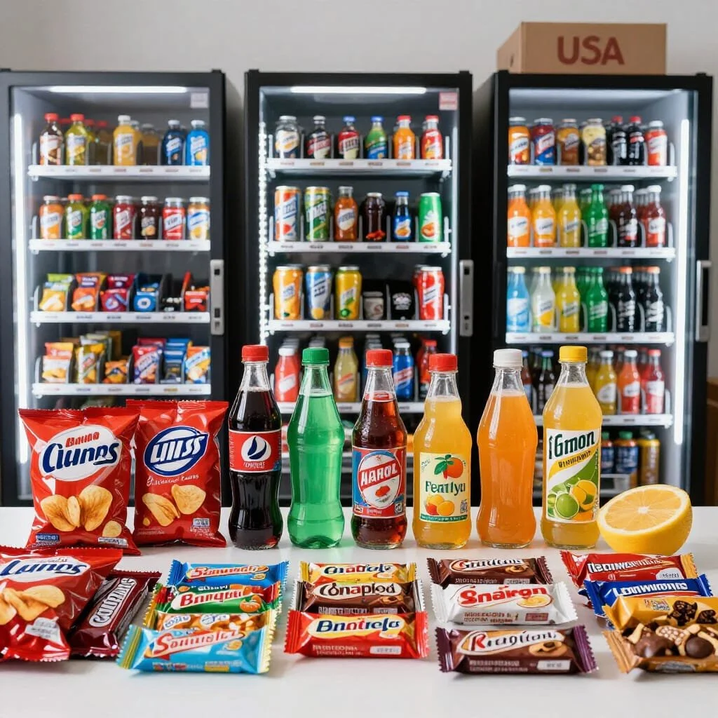 Various snacks and beverages displayed on a table in front of three vending machines filled with bottled drinks. The snacks include potato chips, candy bars, and assorted chocolates, while the beverages include sodas and fruit juices.