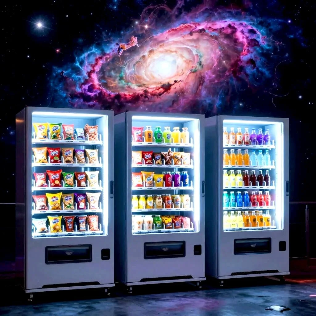 Three vending machines stocked with snacks and drinks against a wall with a colorful galaxy mural featuring a cosmic nebula and stars.