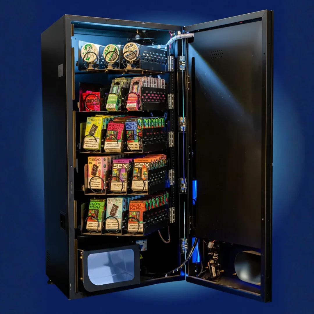 An open vending machine containing various snack items, including colorful candy and packaged snacks, against a dark blue background.