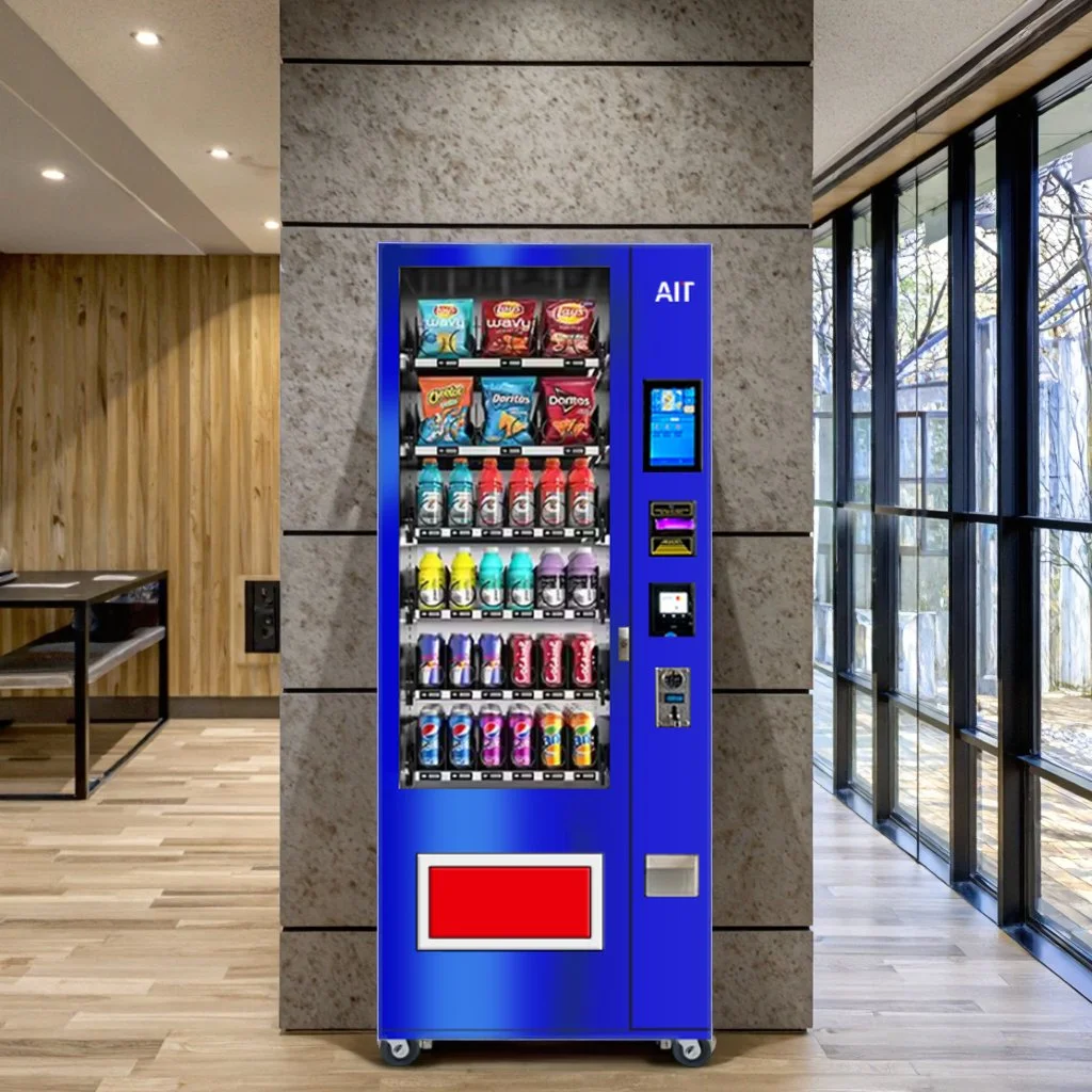Blue vending machine with snacks and drinks inside, located in a modern interior near large windows.