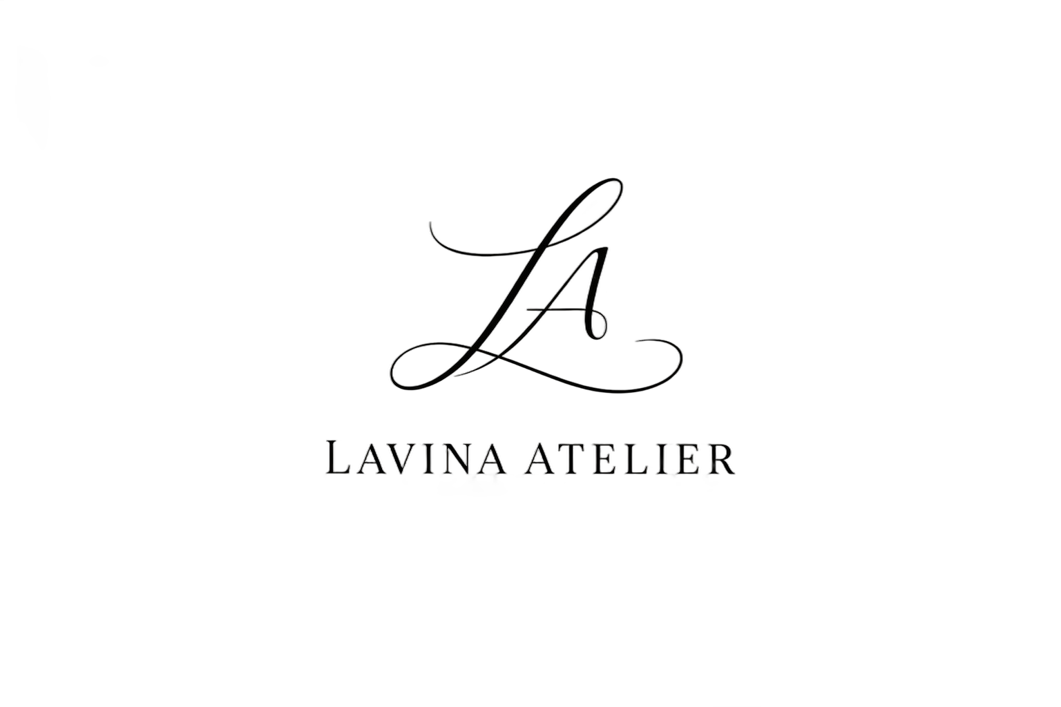 Black background with elegant silver script logo featuring the initials 'L' and 'A', and text reading 'LAVINA ATELIER'.