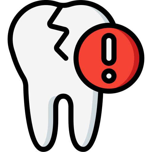 Illustration of a cracked tooth with a red warning circle containing an exclamation mark.