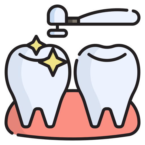 Illustration of a dental cleaning with a toothbrush, a scraper, and two healthy teeth on a pink gum background.