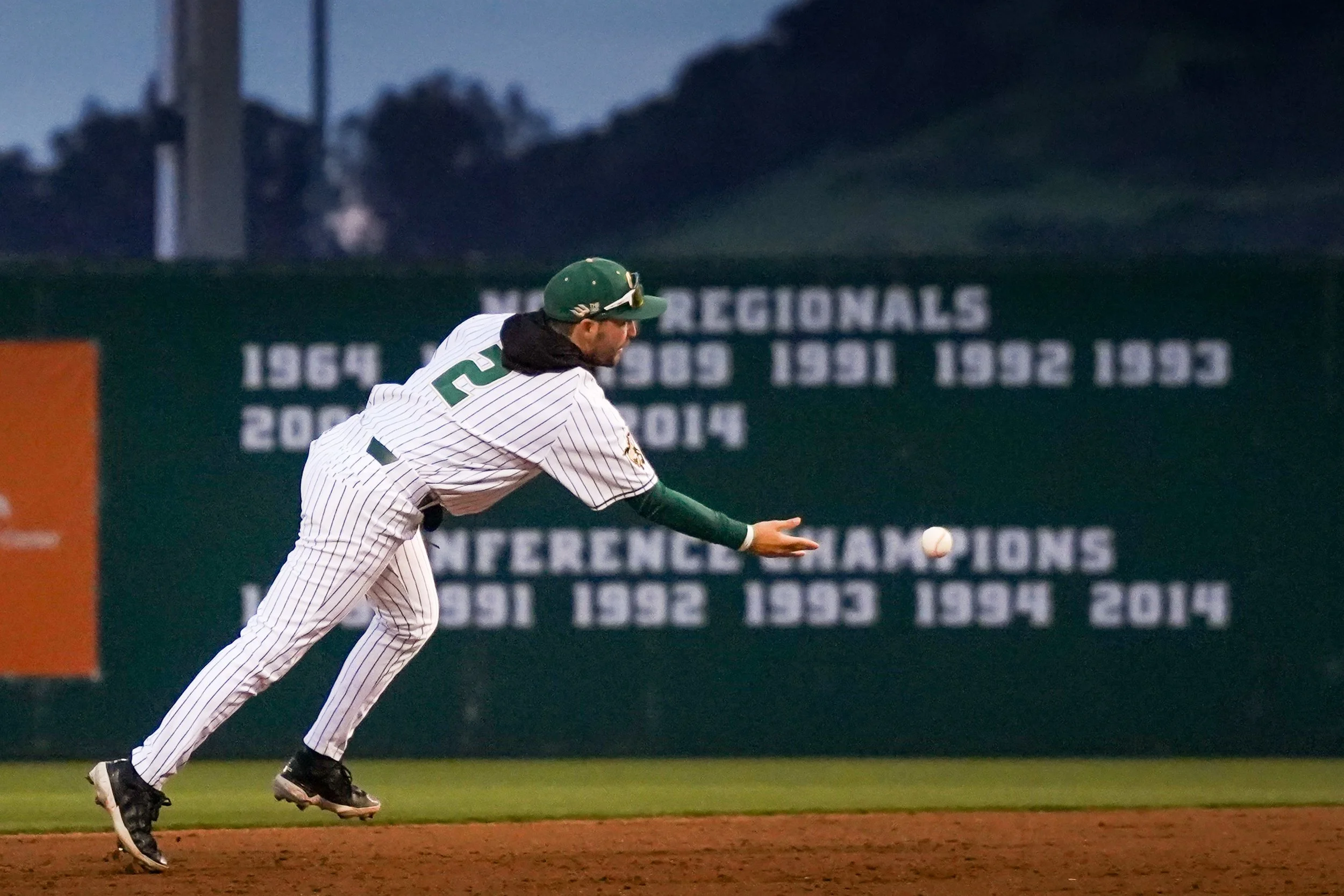 Baseball player in pinstripe uniform reaching to catch a ball on the field during a game.