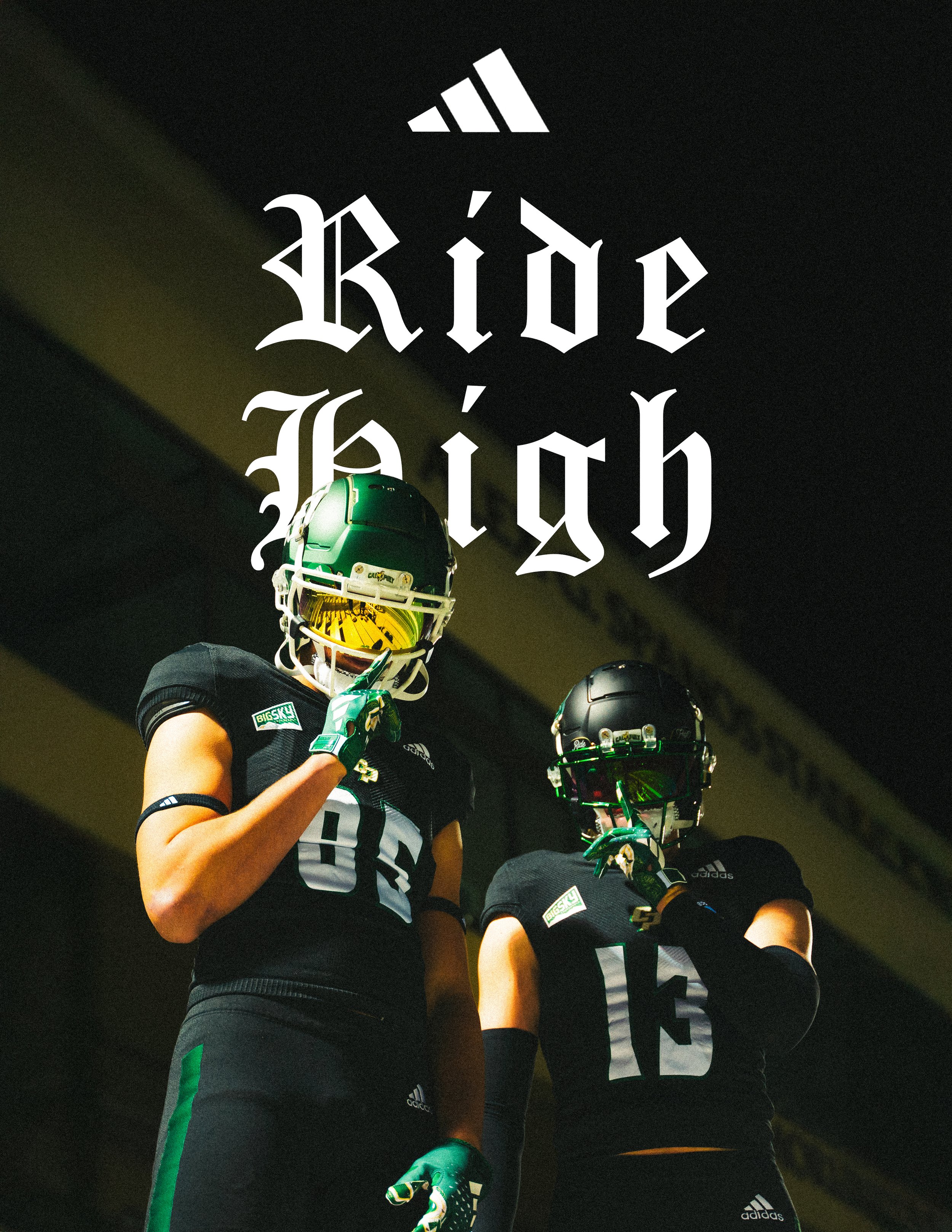 Two football players in black uniforms with green accents and helmets, standing in a dark stadium, with the text 'Ride High' and a logo above them.