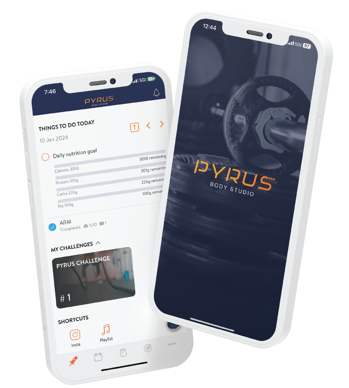 Two smartphones displaying the PYRUS Body Studio app. One phone shows a workout schedule and progress, the other shows the PYRUS logo on the screen.