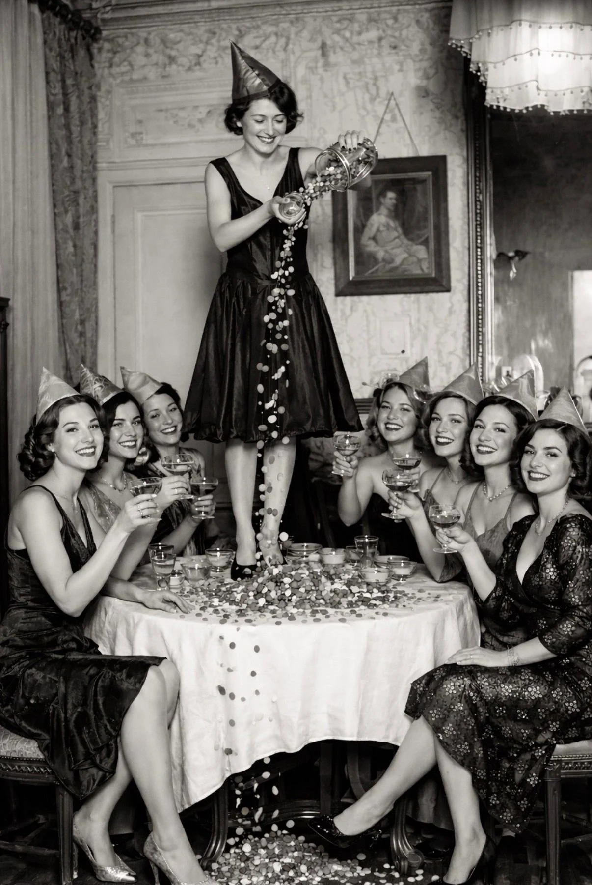 Black and white photo of women celebrating around a table, with one woman standing on the table, pouring confetti from a jar, wearing a party hat, with others holding drinks and smiling, also wearing party hats.