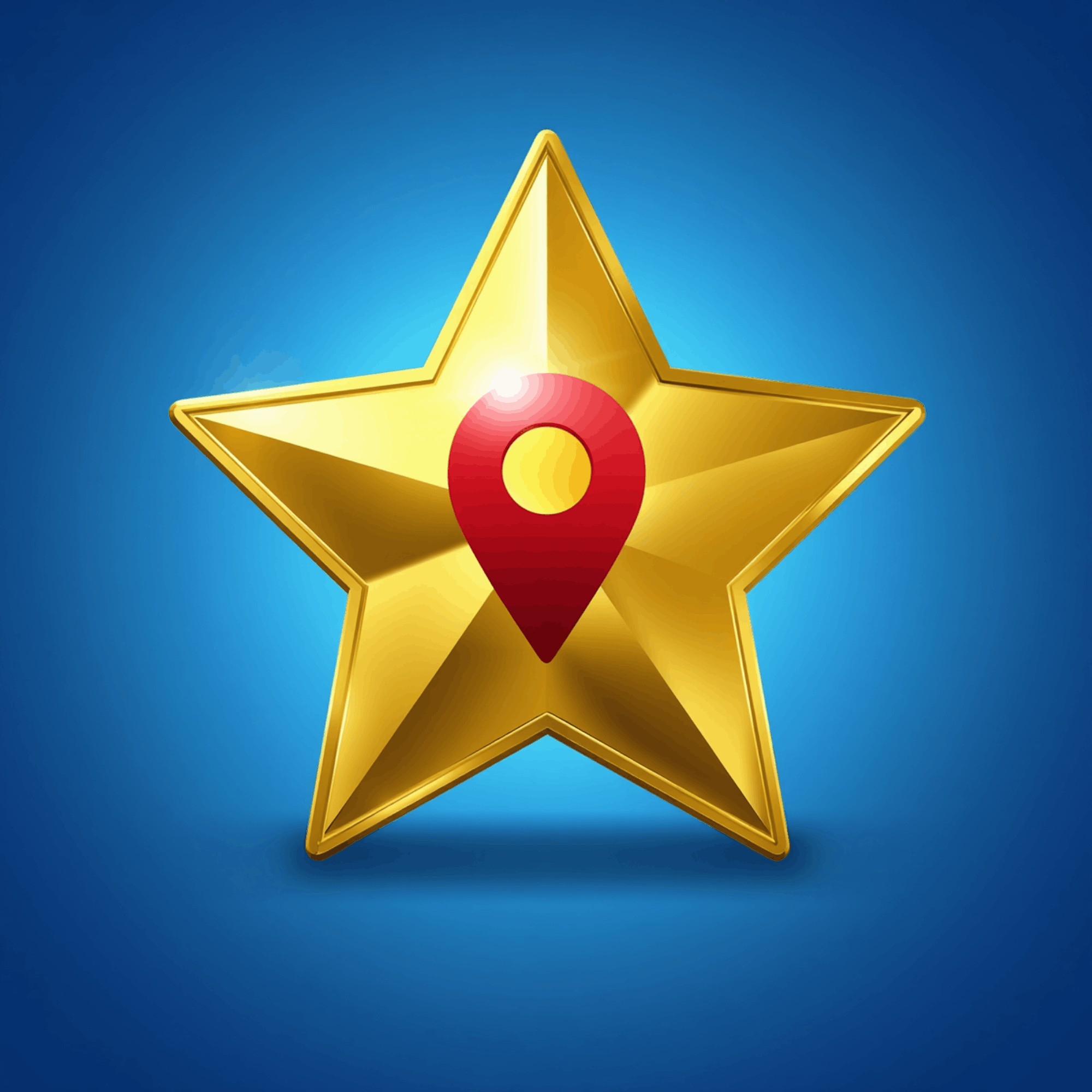 A gold star-shaped medal with a red and yellow circular emblem in the center, set against a clear blue sky background.